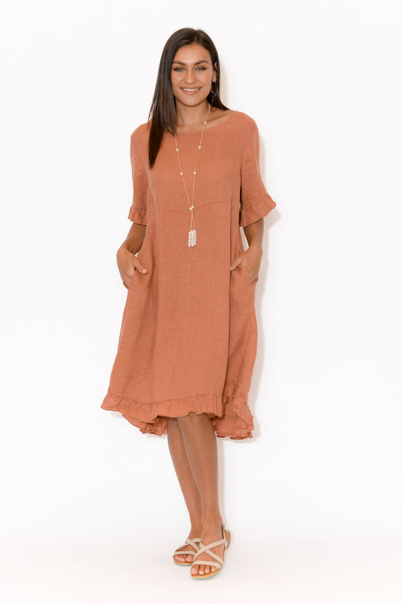 Elodie Coral Linen Frill Dress