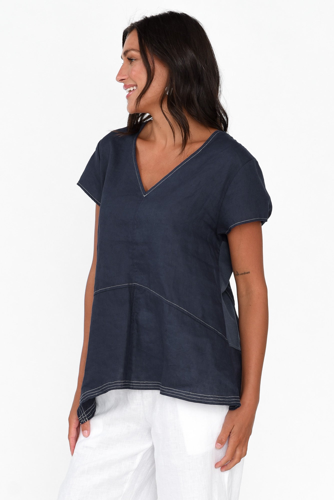 Lindy Navy Linen V Neck Top