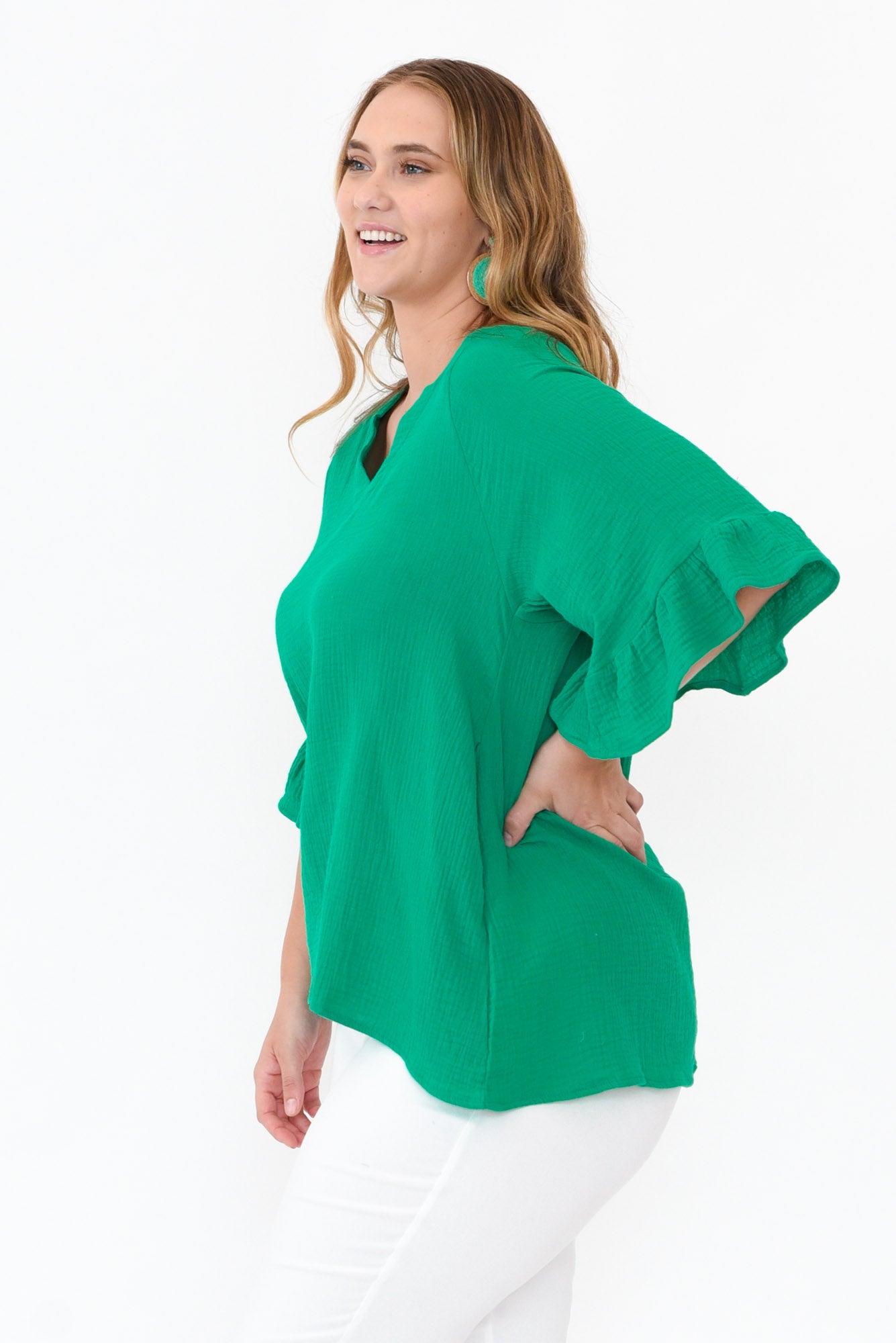 Corey Green Crinkle Cotton Frill Top