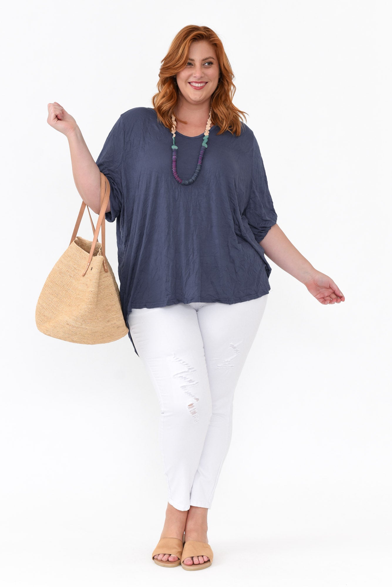 Agnes Navy Crinkle Cotton Hi Lo Top