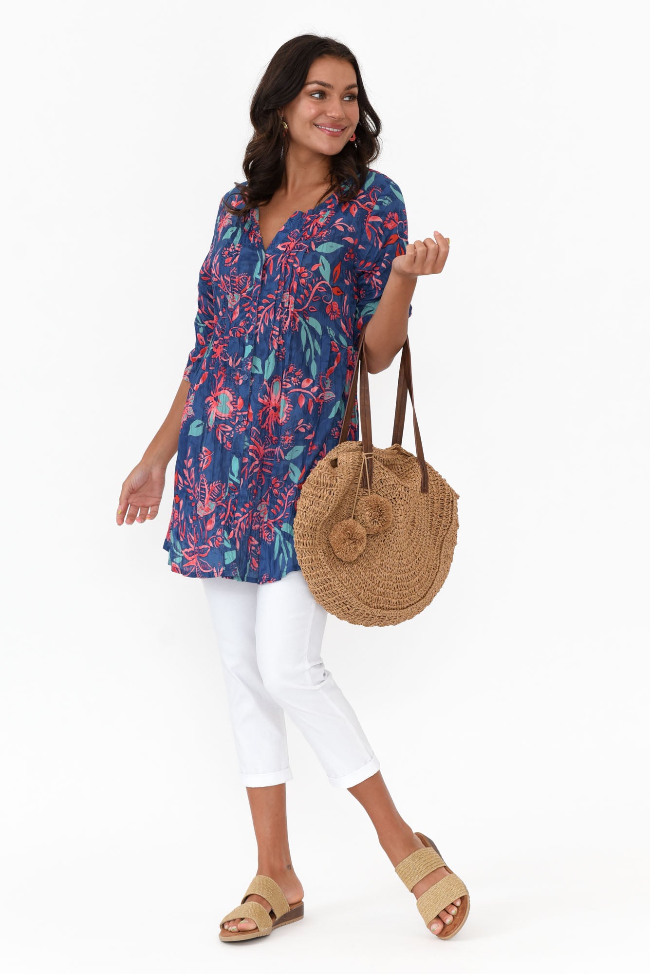 Indra Blue Garden Cotton Tunic Top