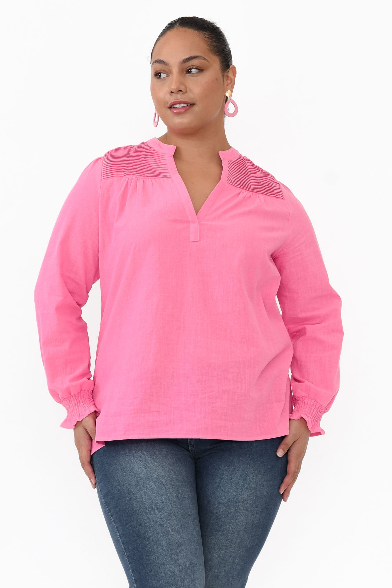 April Pink Cotton V Neck Top