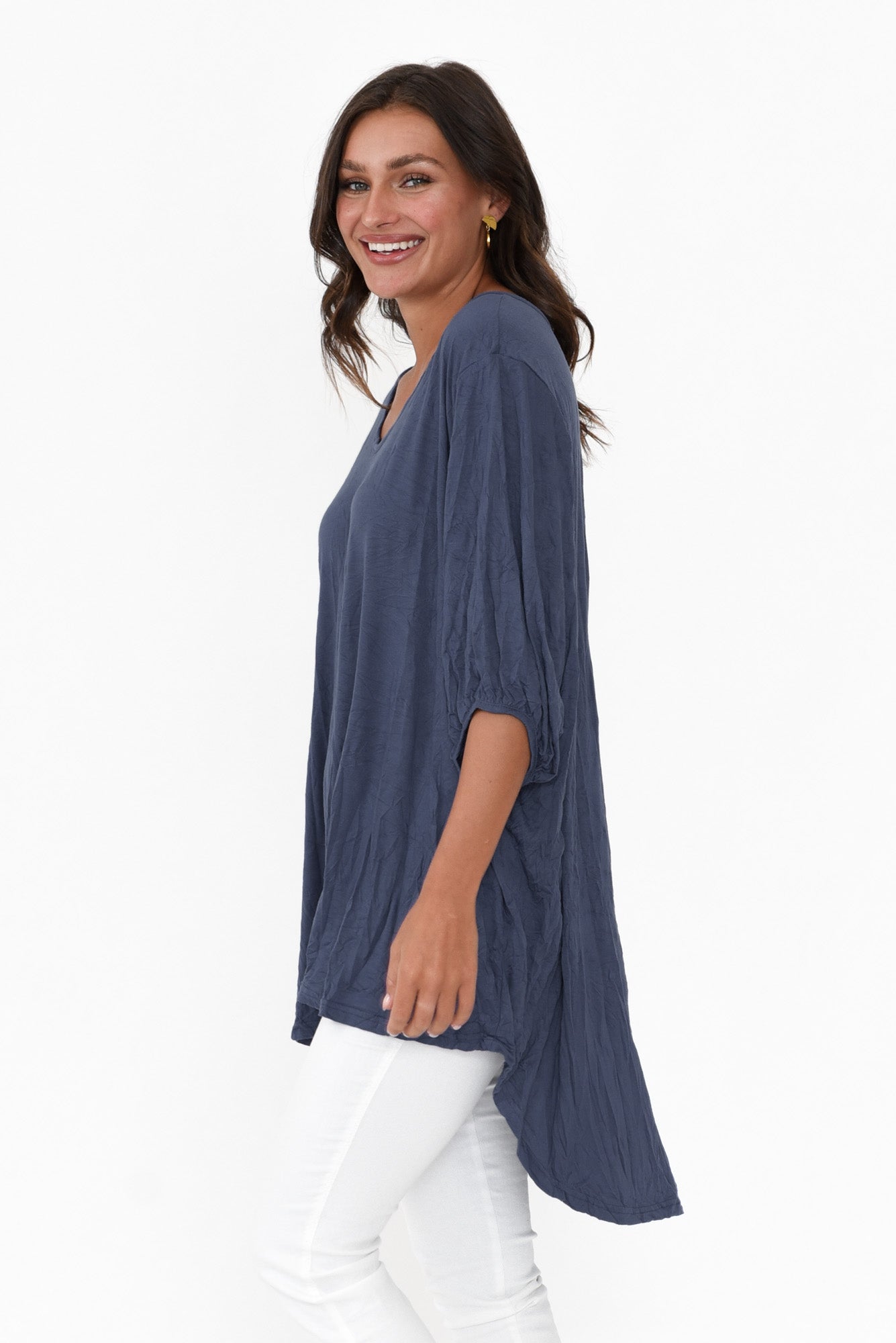 Agnes Navy Crinkle Cotton Hi Lo Top