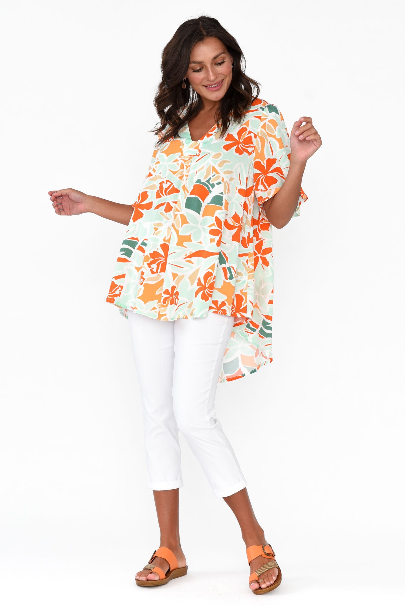 Jordyn Orange Garden V Neck Top