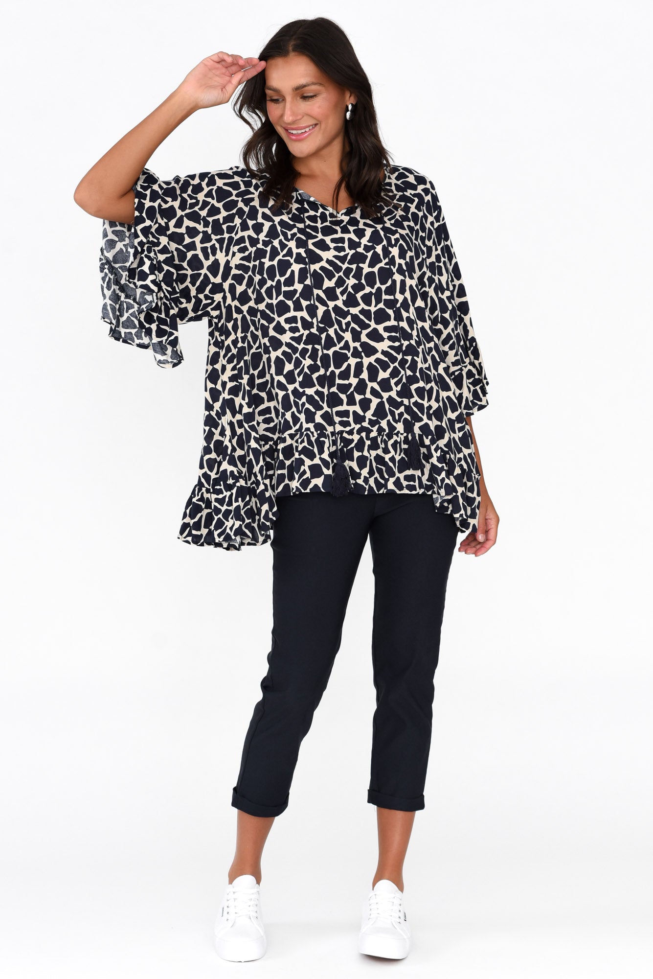Chase Navy Abstract Tassel Ruffle Top