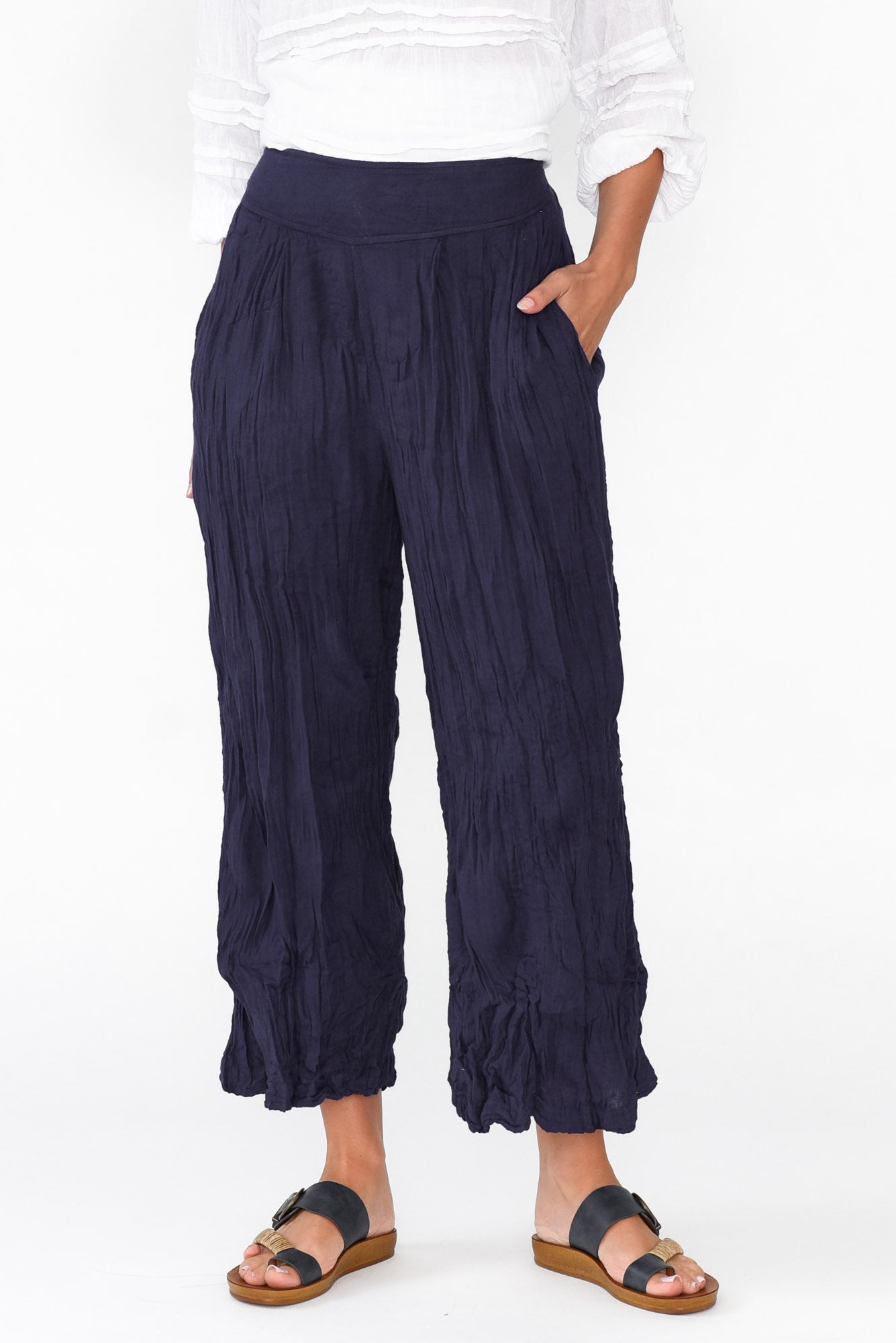 Costello Navy Crinkle Cotton Pant