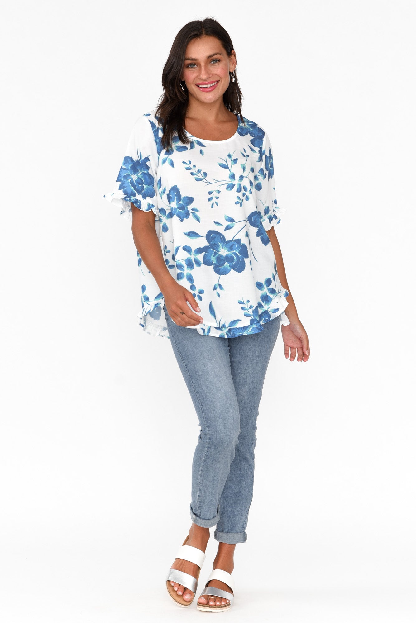 Perrin Blue Floral Ruffle Top