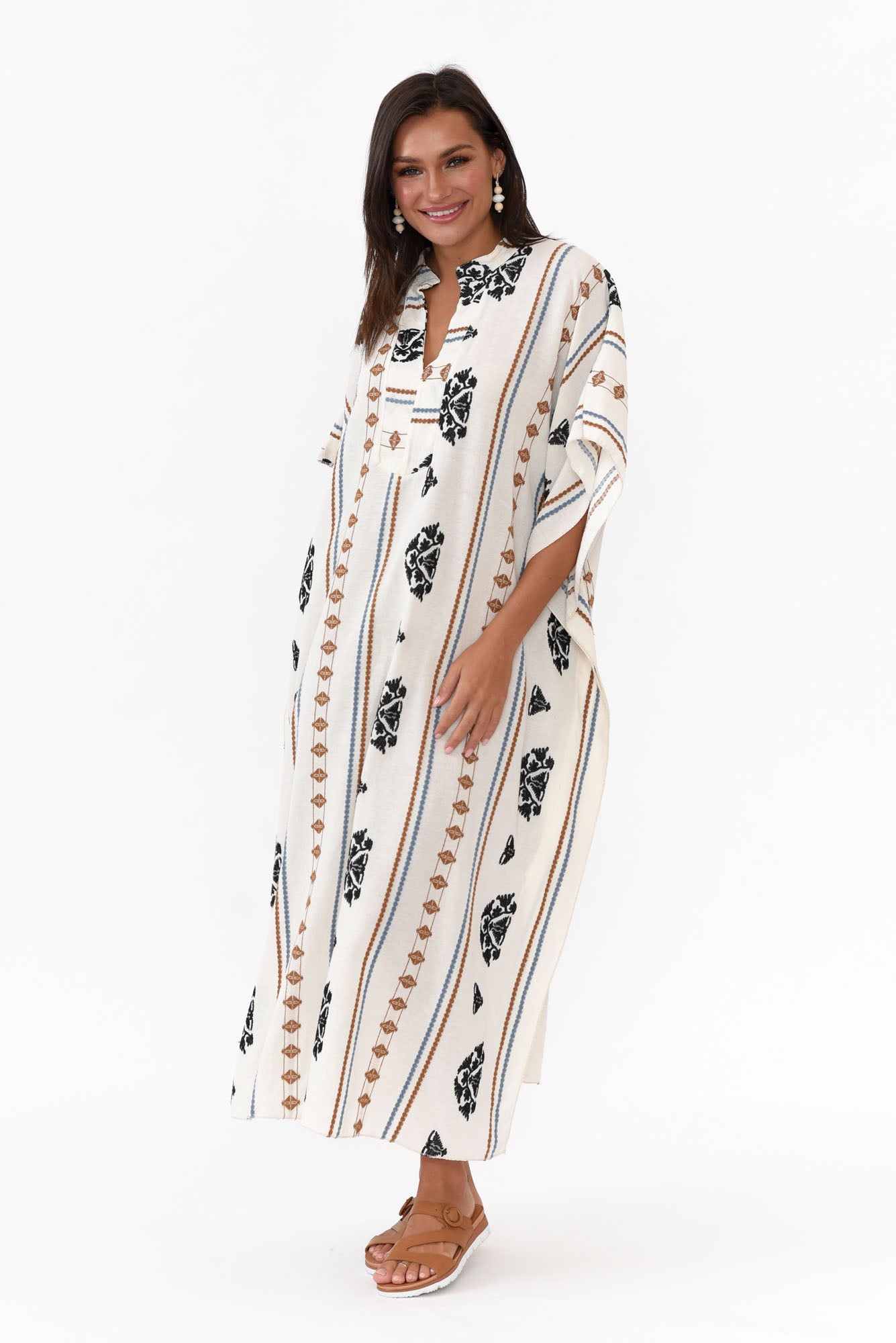 Higgins White Embroidered Cotton Kaftan