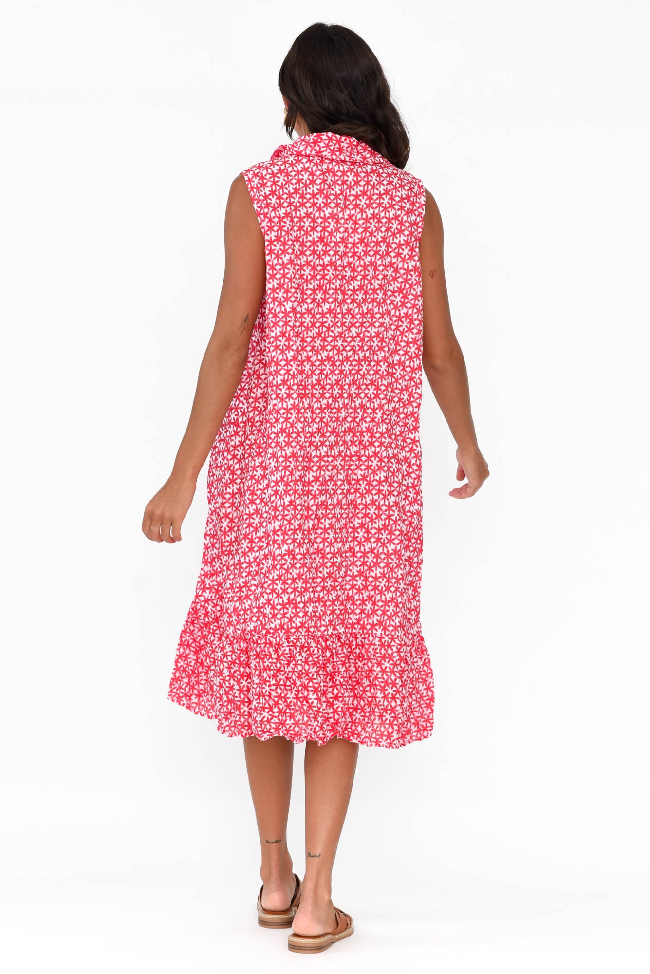 Luca Red Flower Cotton Frill Hem Dress