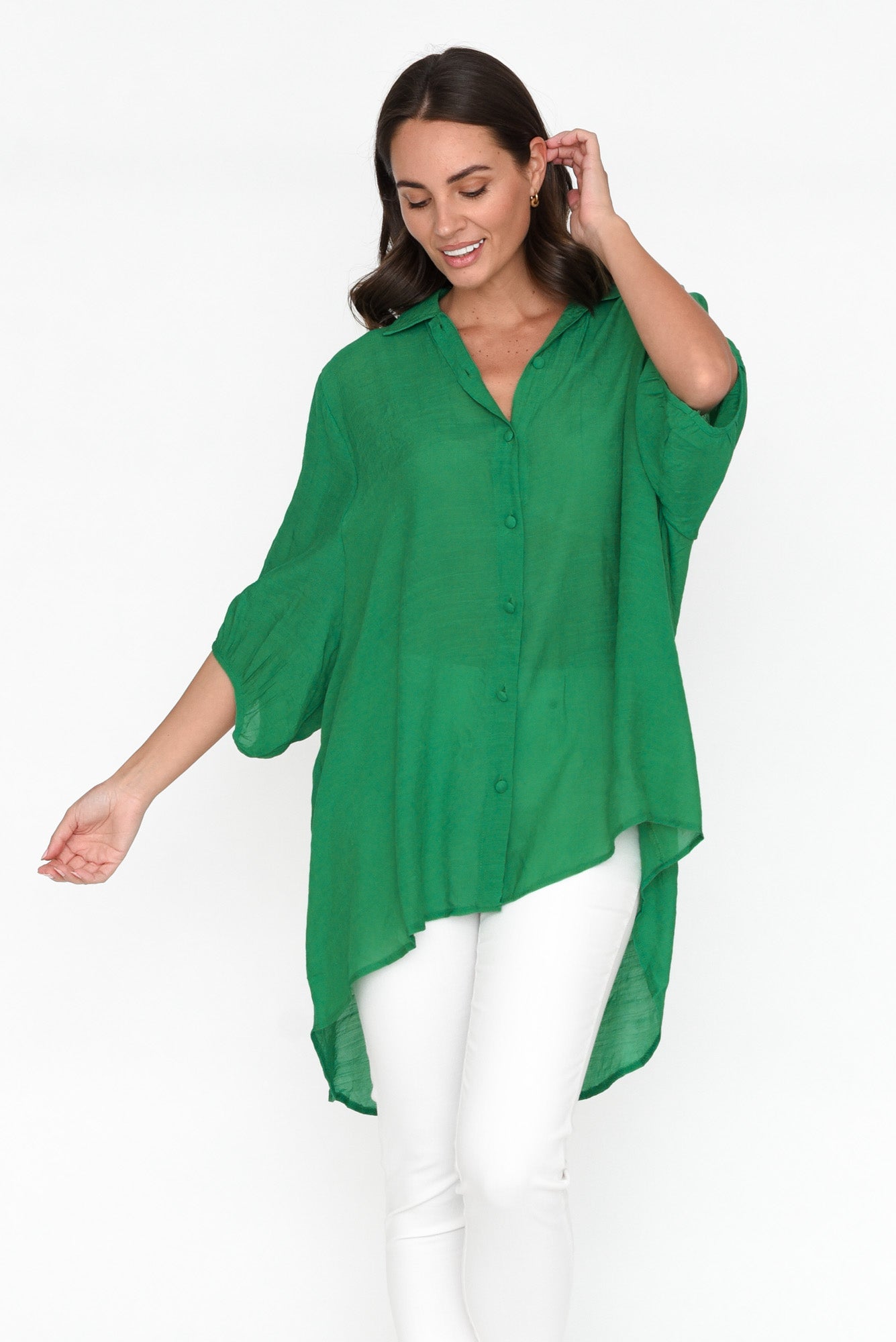 Green Cotton Blend Hi Lo Shirt