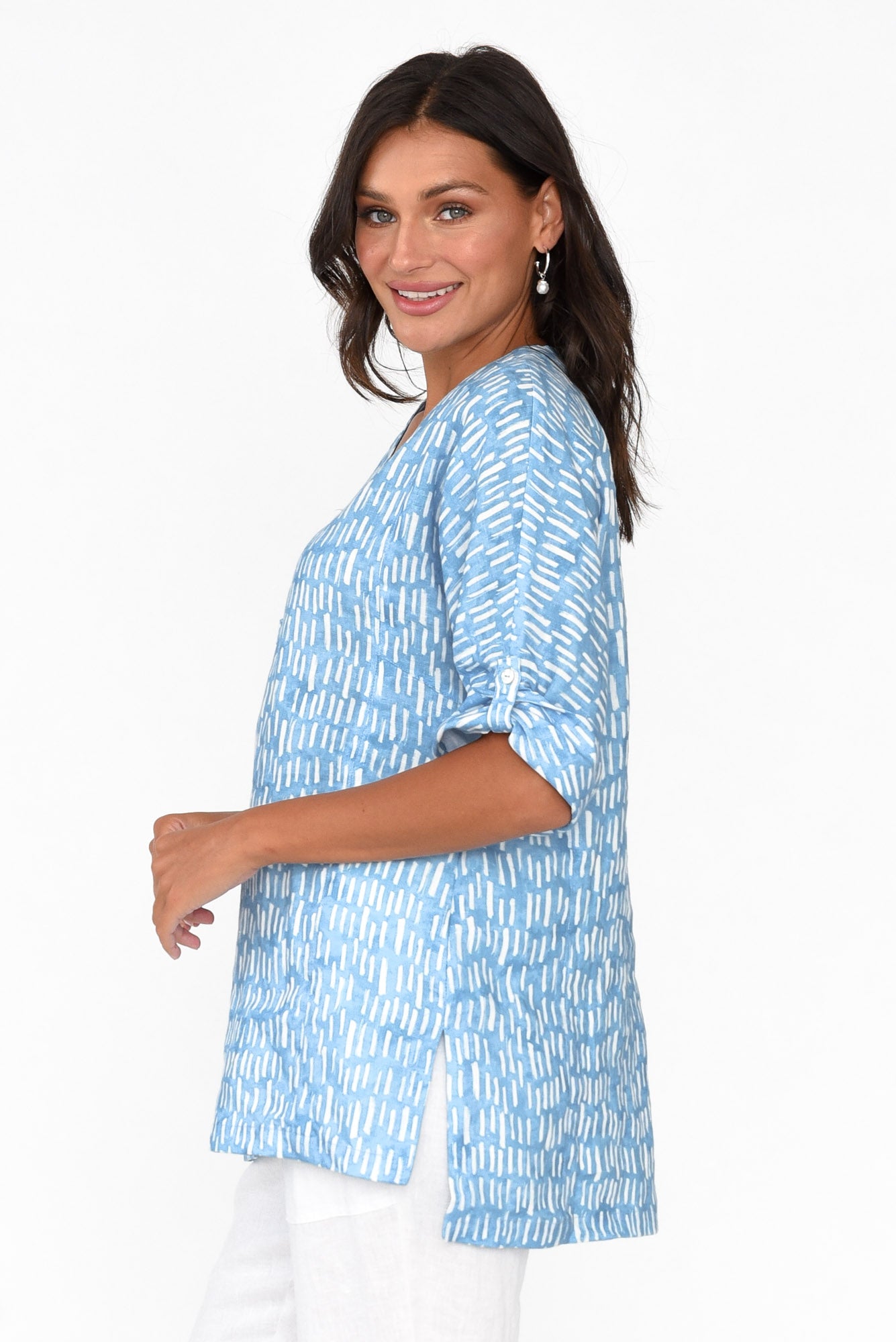 Edith Blue Geo Linen Top
