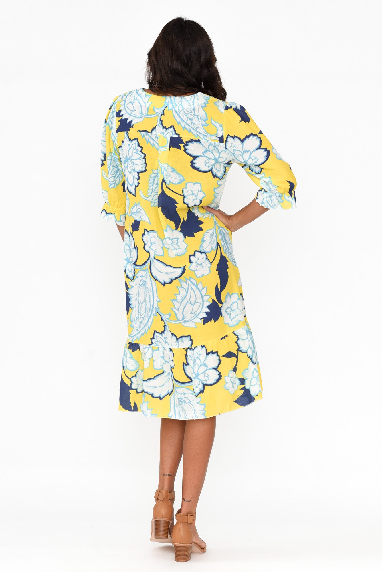 Reiko Yellow Floral Linen Blend Dress