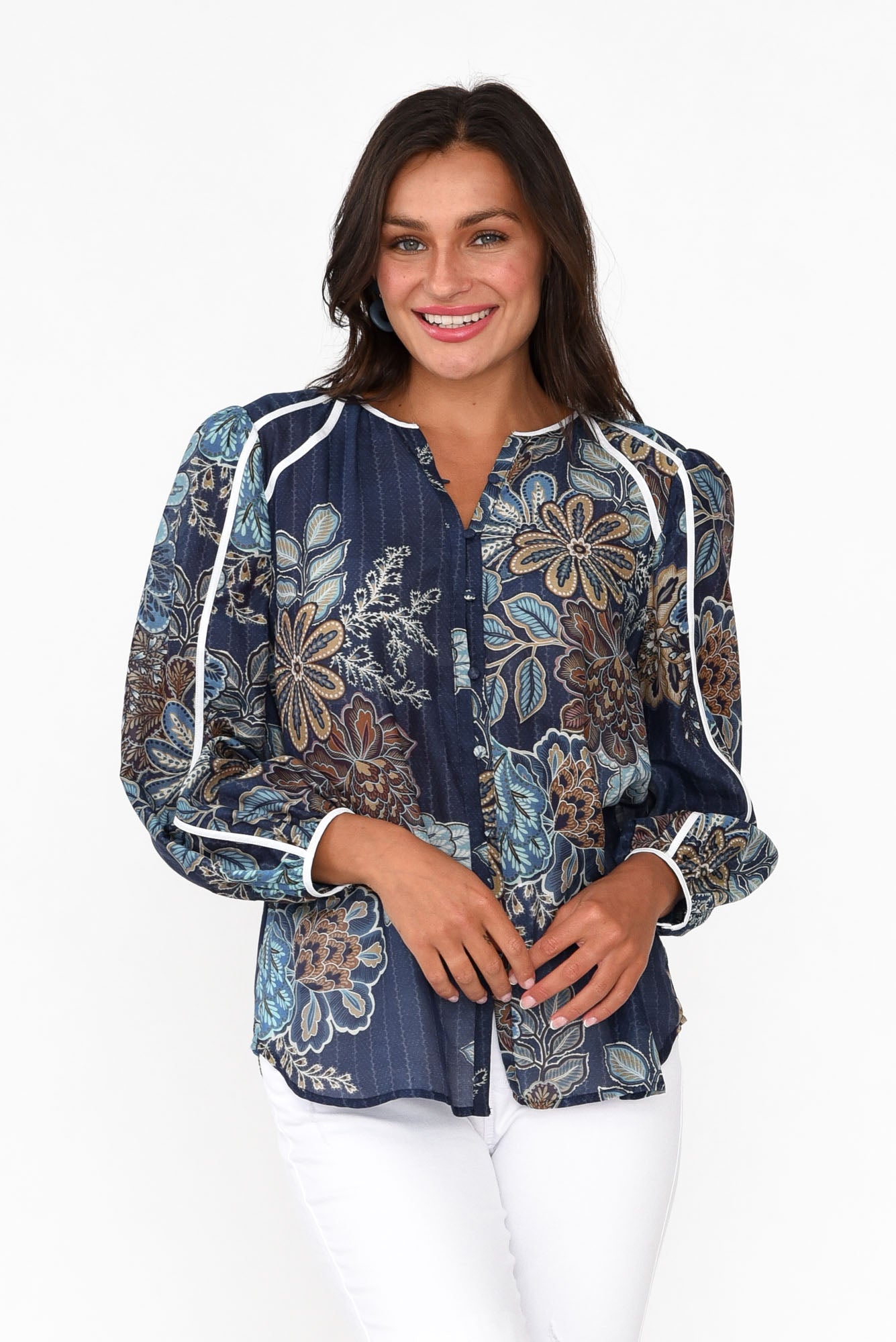 Gracia Navy Flower Cotton Silk Top