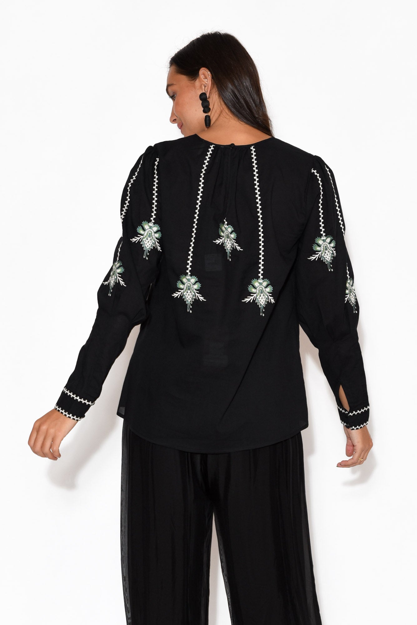 Grove Black Embroidered Bishop Sleeve Top
