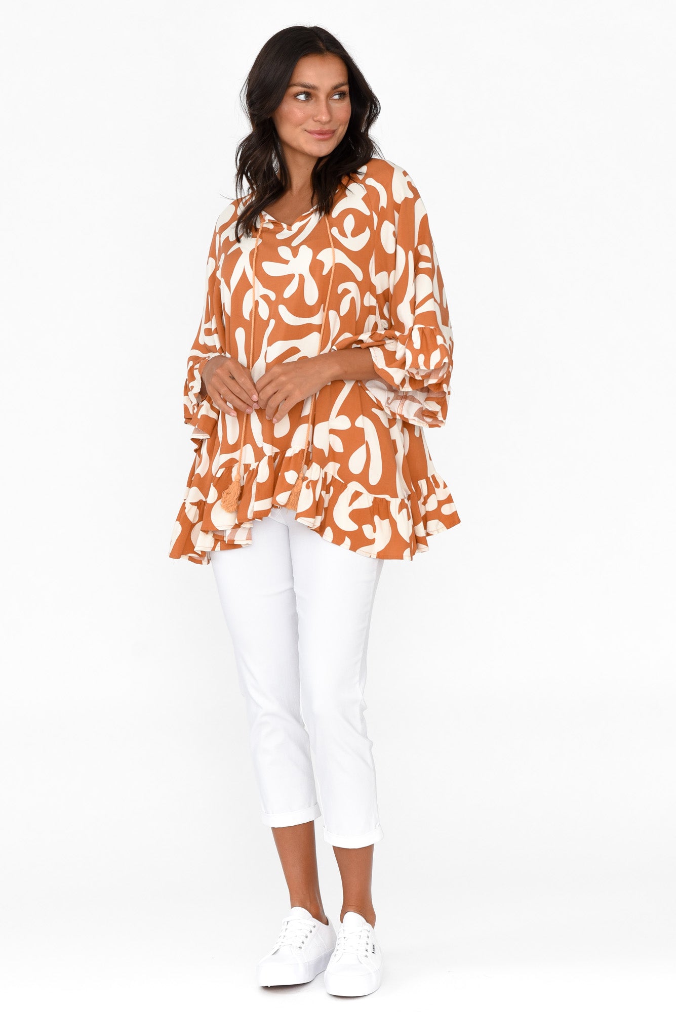 Chase Rust Abstract Tassel Ruffle Top