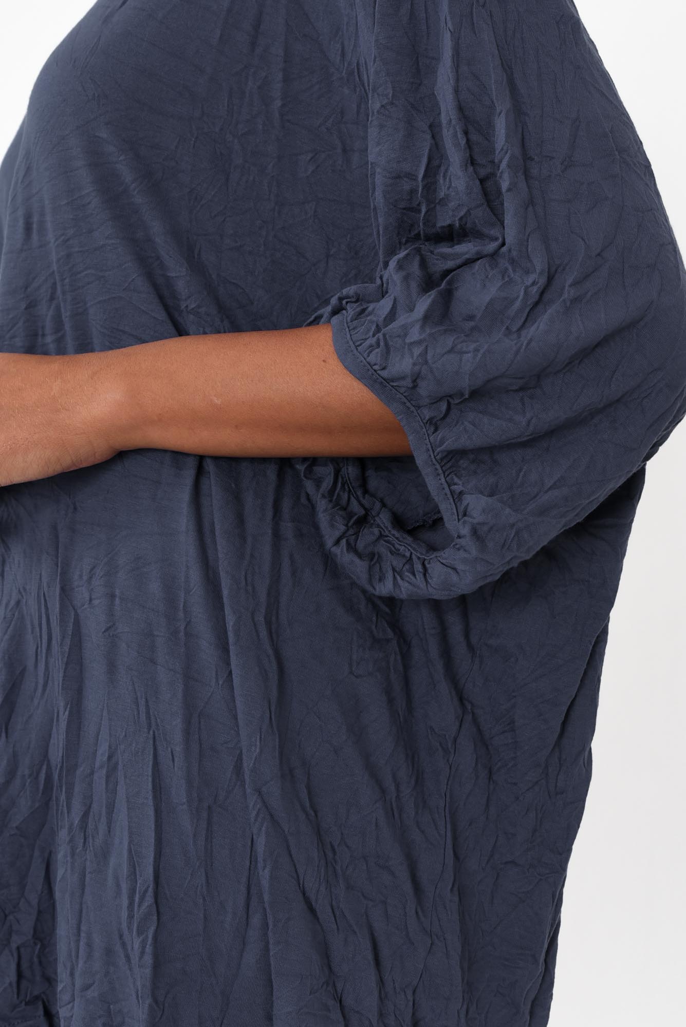Agnes Navy Crinkle Cotton Hi Lo Top
