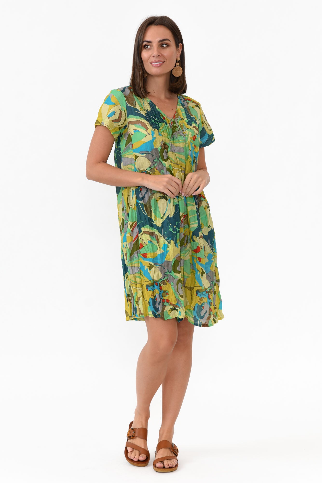 Sabina Green Poppy Crinkle Cotton Dress