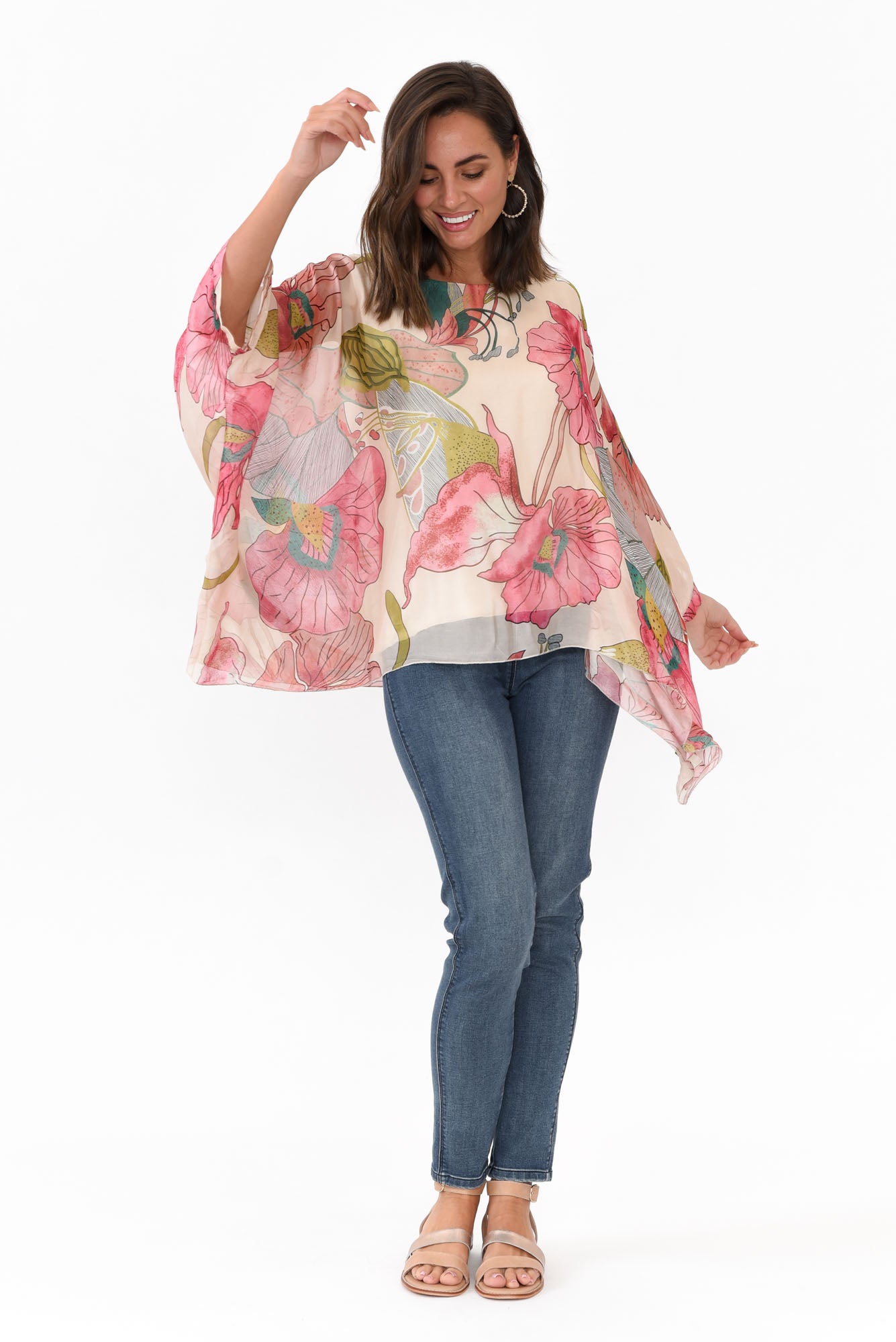 Trevino Pink Flower Silk Overlay Top