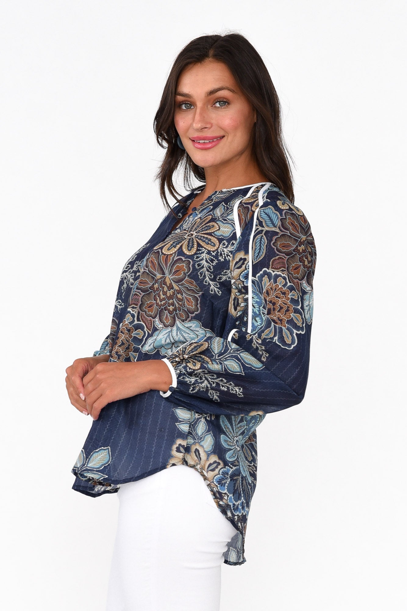 Gracia Navy Flower Cotton Silk Top