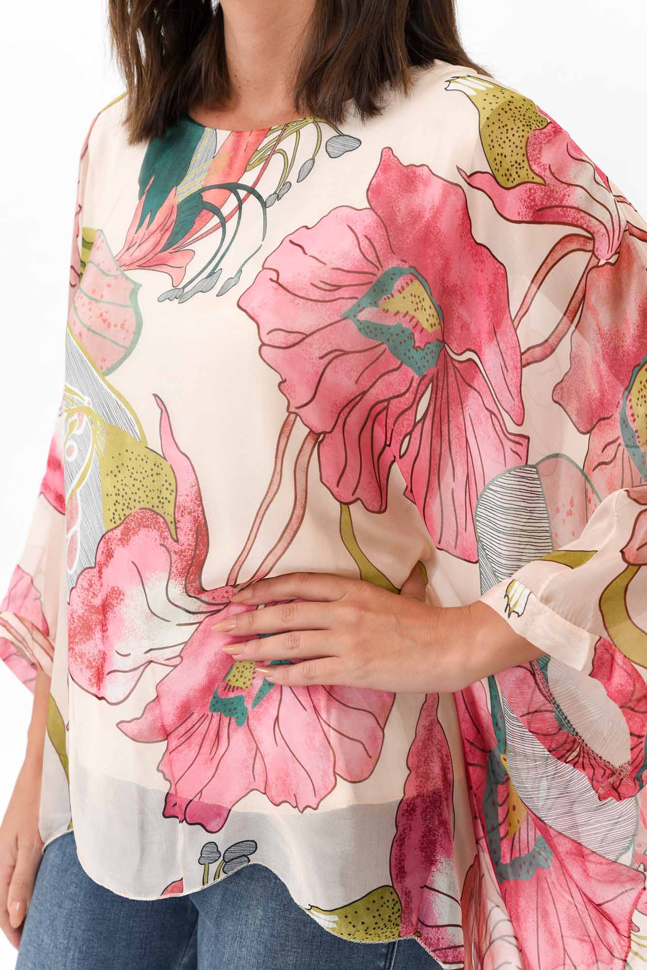 Trevino Pink Flower Silk Overlay Top
