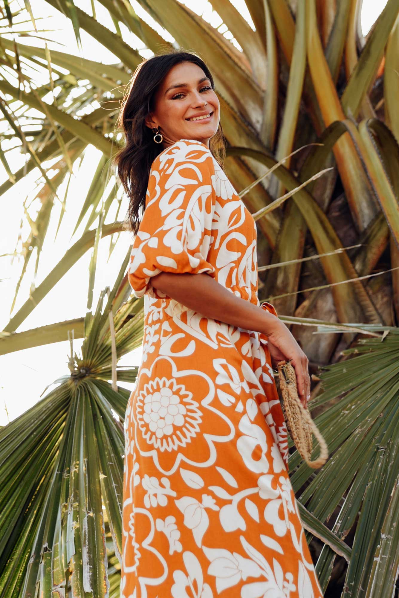 Ava Orange Garden Puff Sleeve Dress