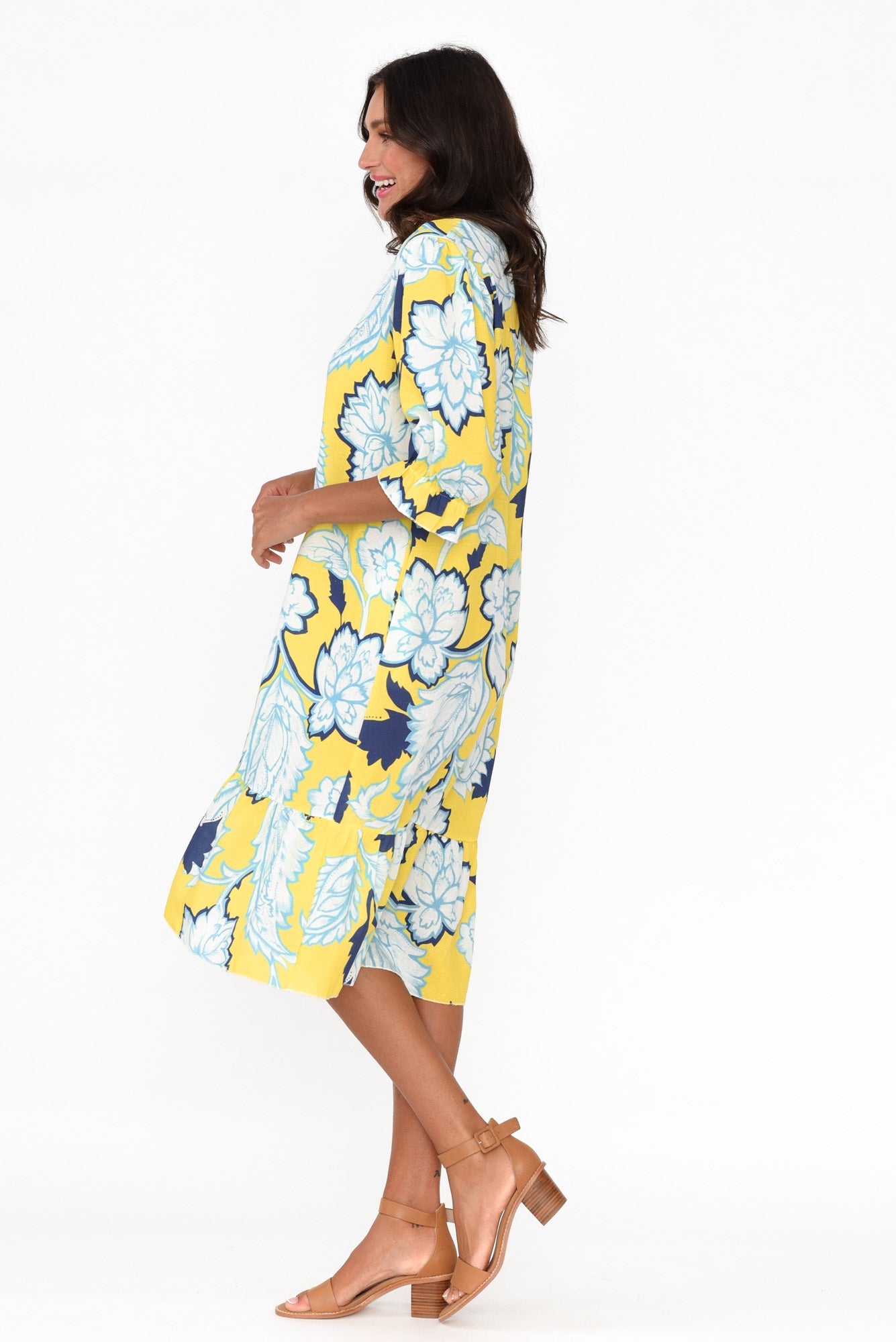 Reiko Yellow Floral Linen Blend Dress