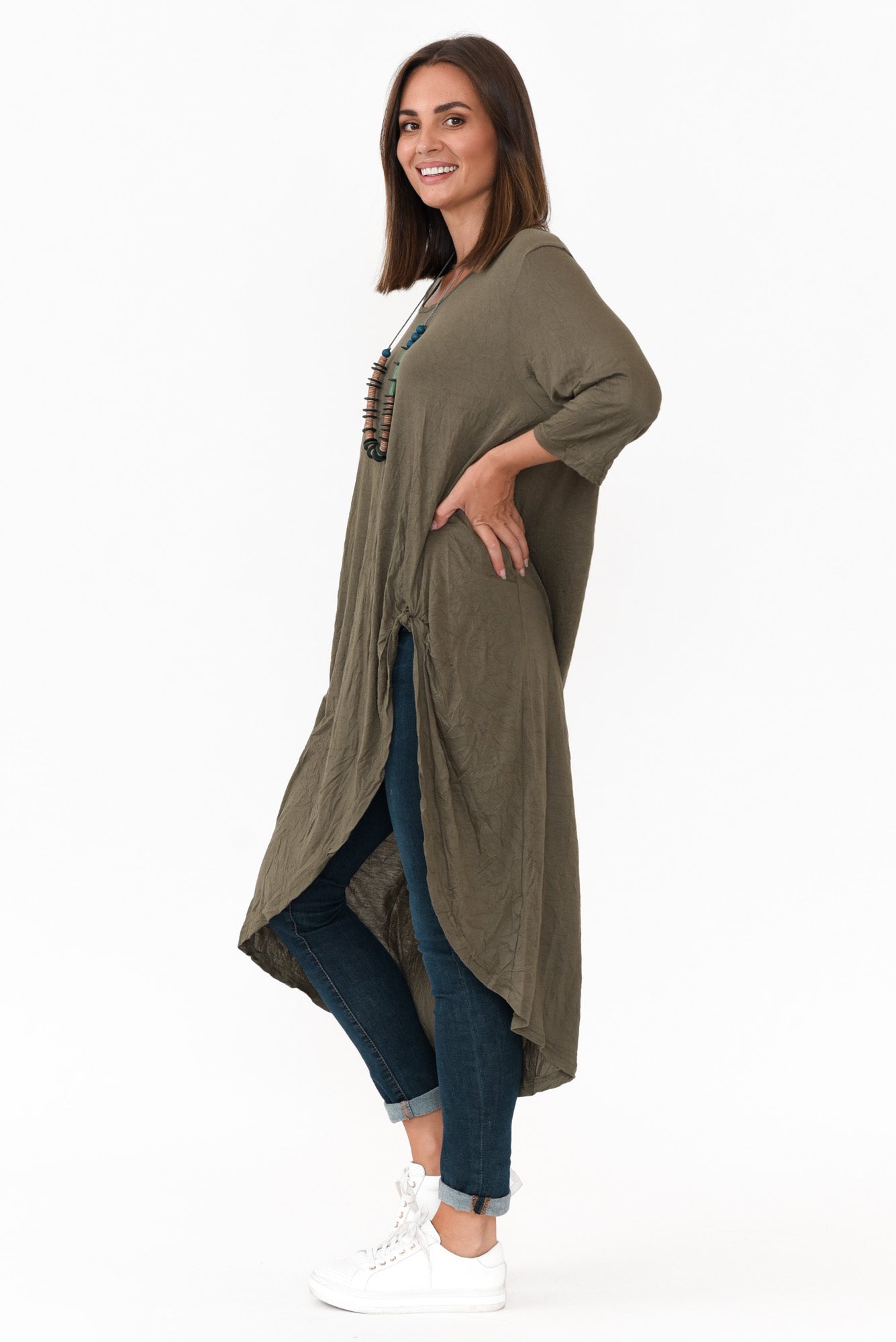 Khaki Crinkle Cotton Asymmetric Tunic