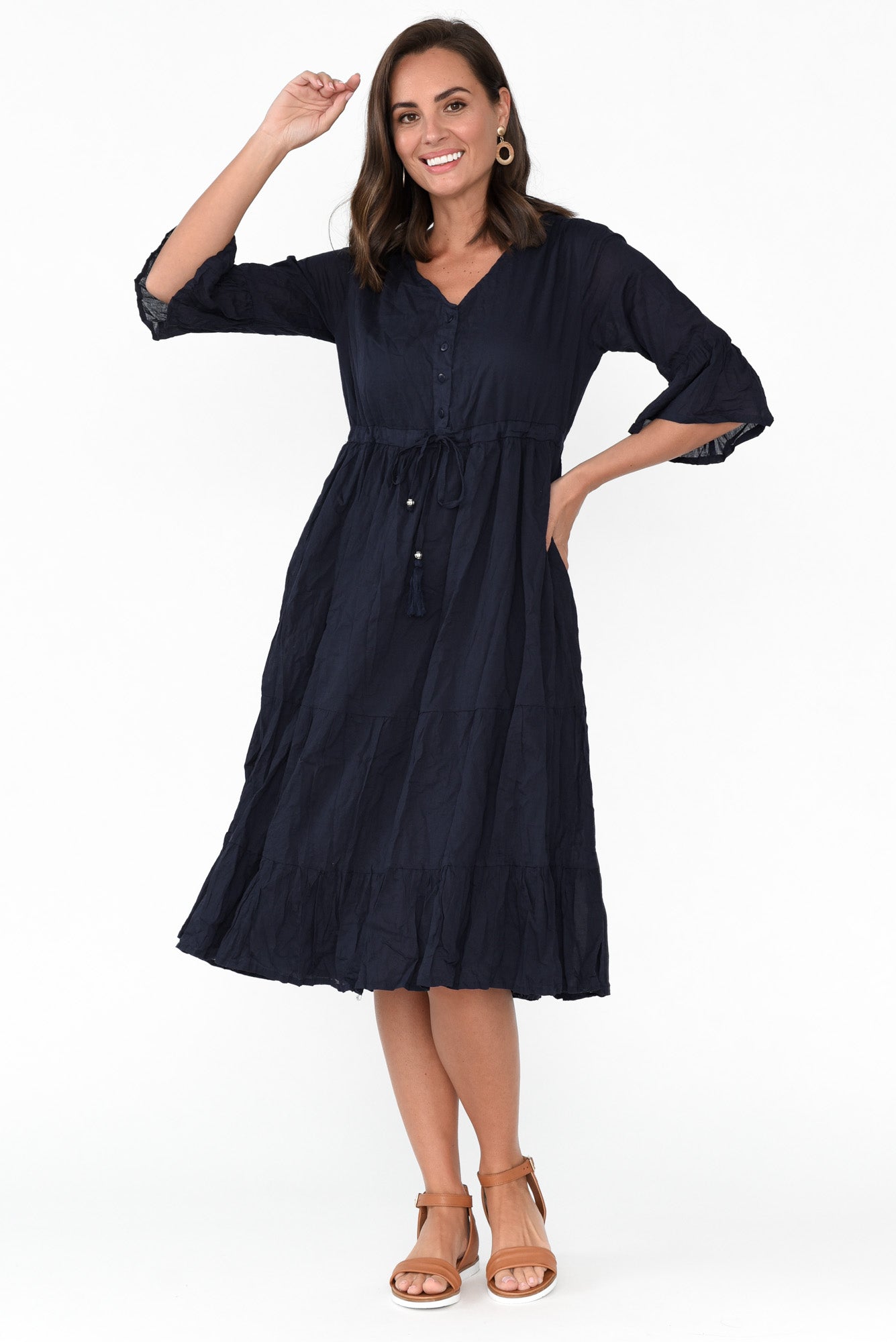 Kenley Navy Crinkle Cotton Dress