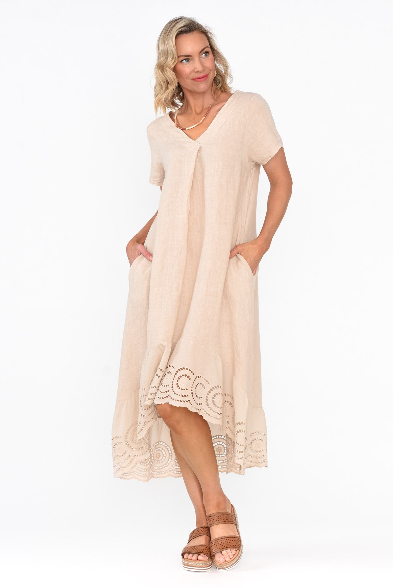 Ravella Beige Linen V Neck Dress