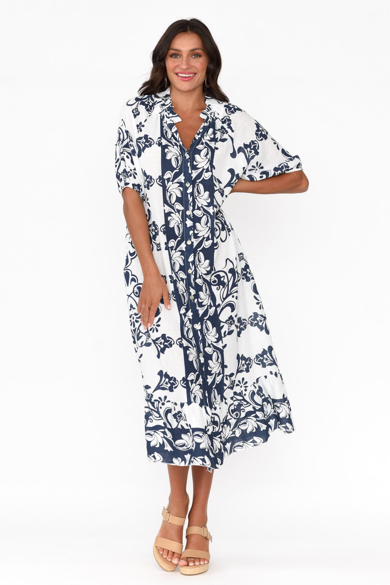 Pascale Navy Floral Linen Cotton Dress