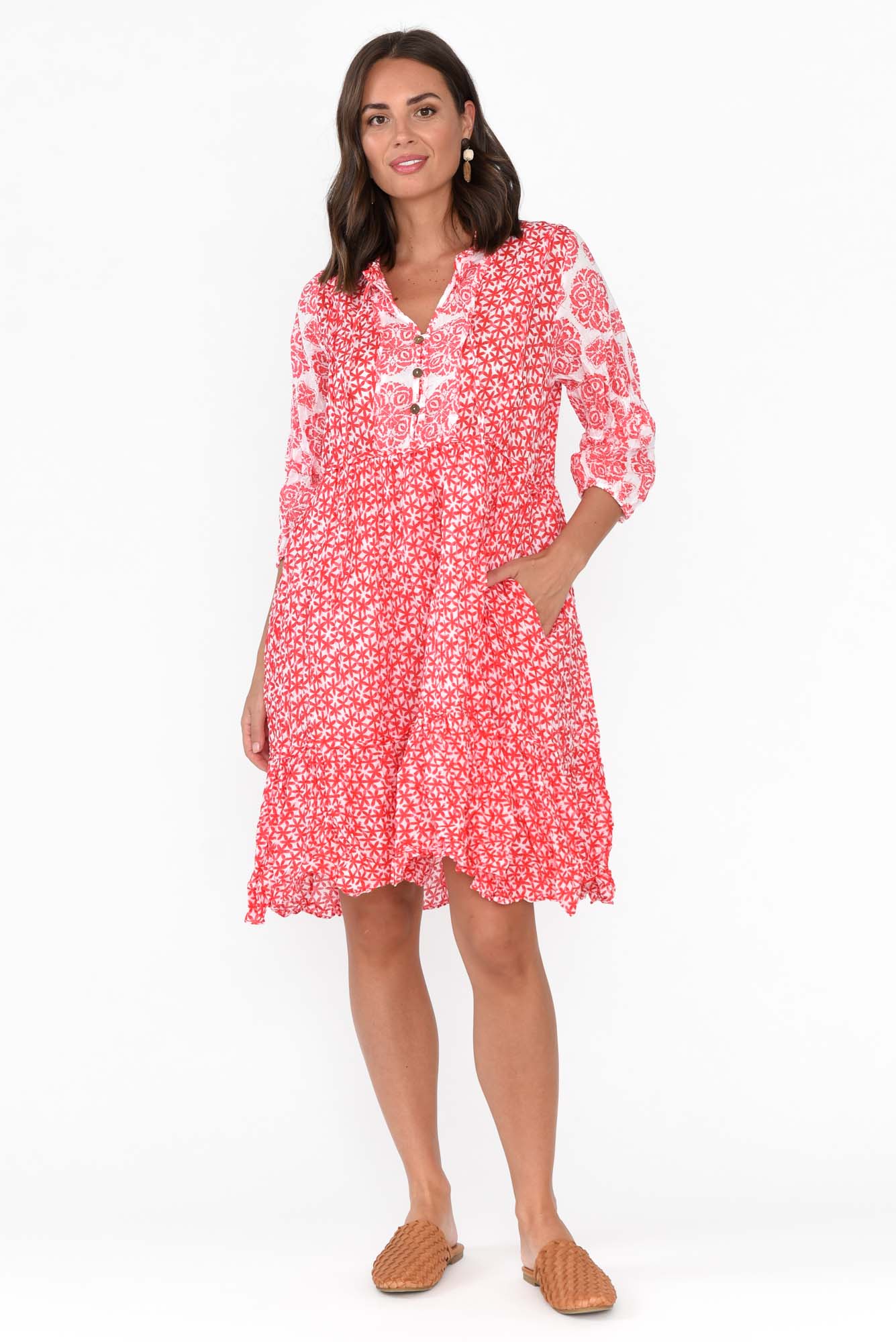 Oakwood Red Flower Cotton Puff Sleeve Dress