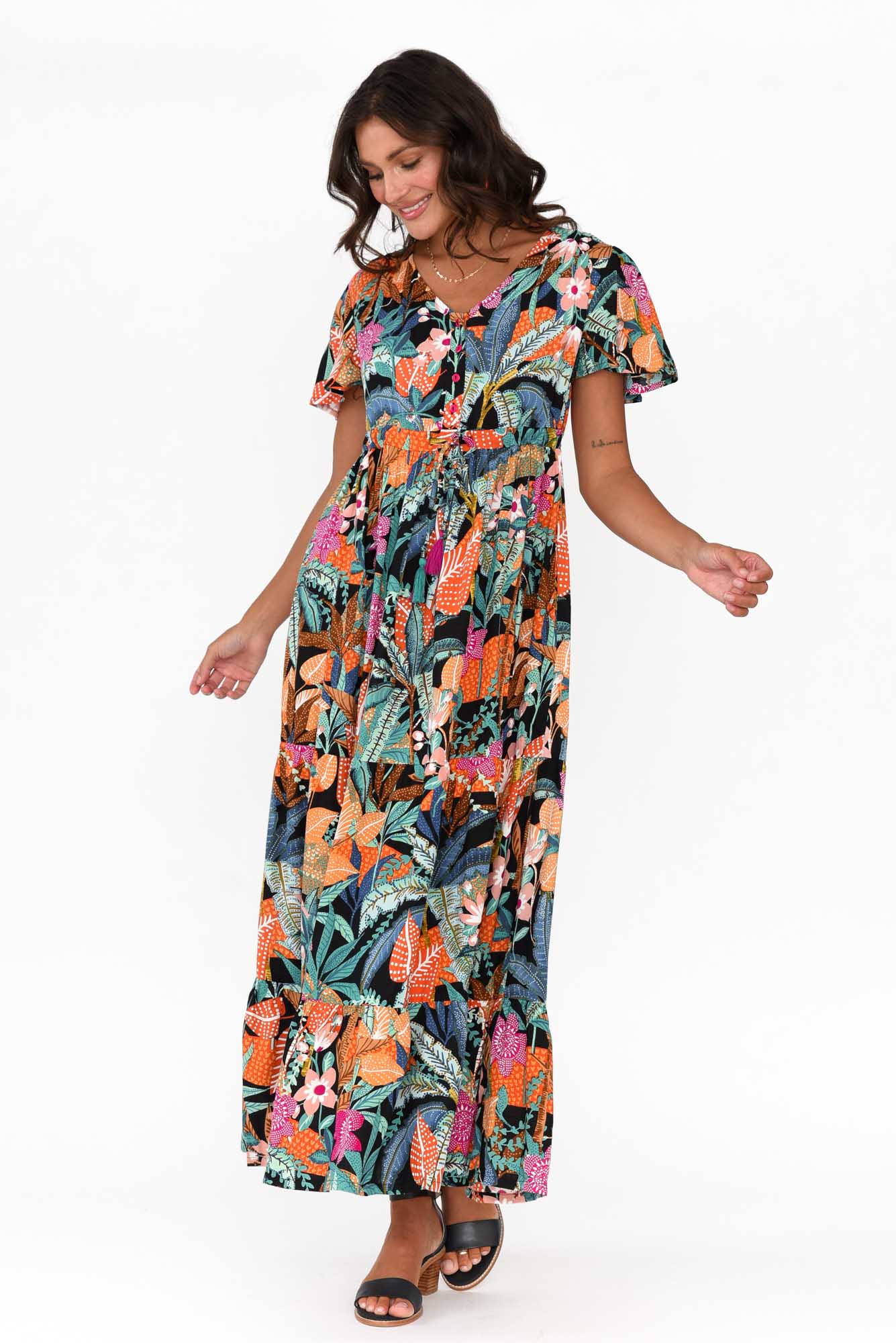 Paphos Black Tropical Tiered Maxi Dress