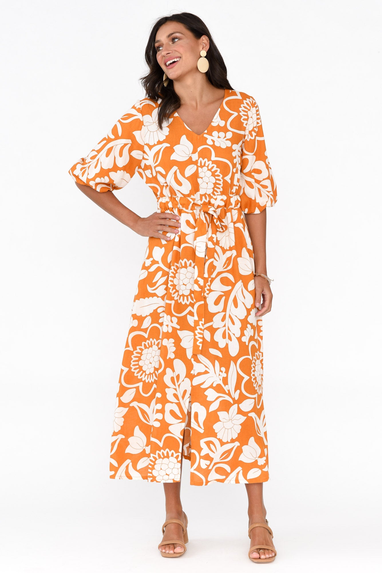 Ava Orange Garden Puff Sleeve Dress
