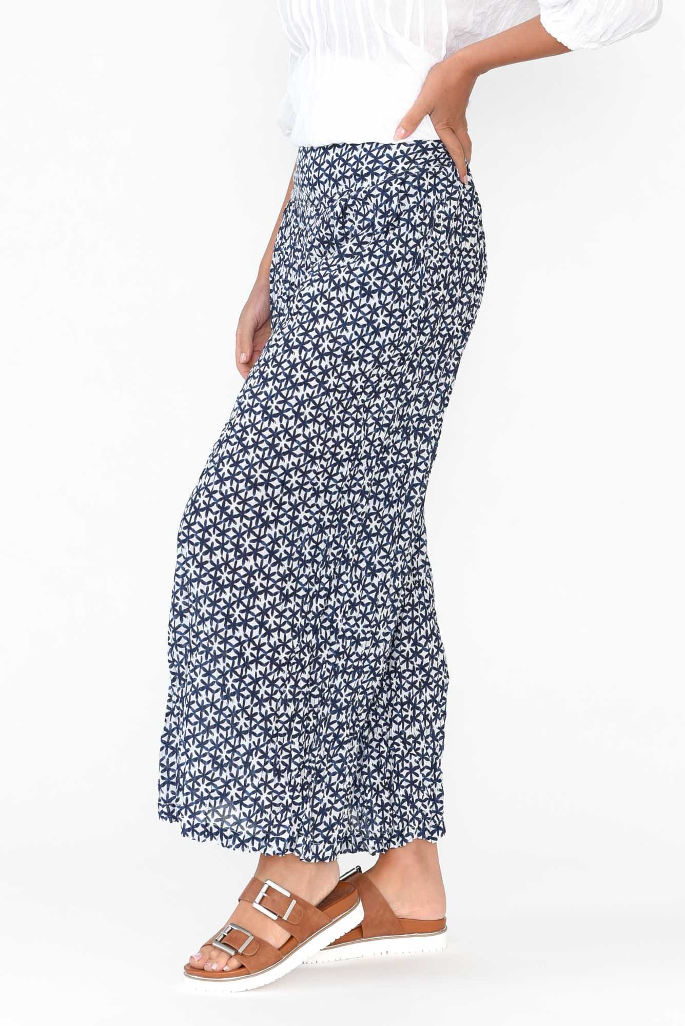 Costello Navy Flower Crinkle Cotton Pant