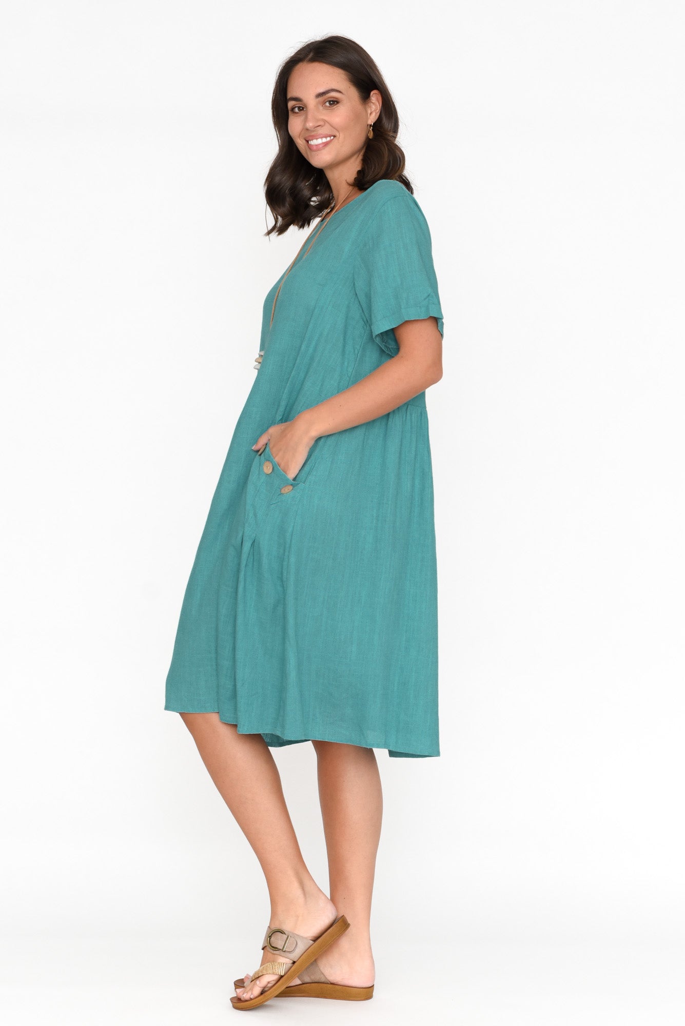 Tyreke Teal Linen Cotton Pocket Dress