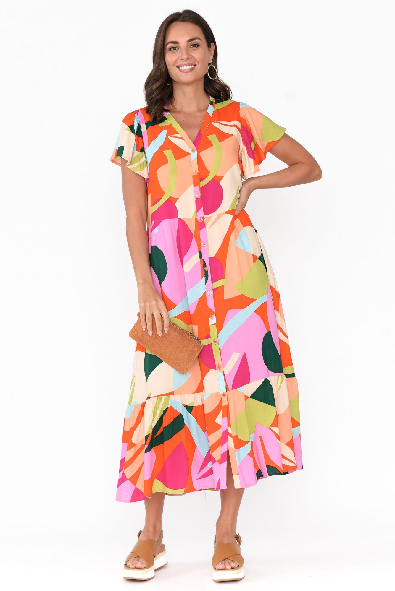 Edna Red Abstract Maxi Shirt Dress