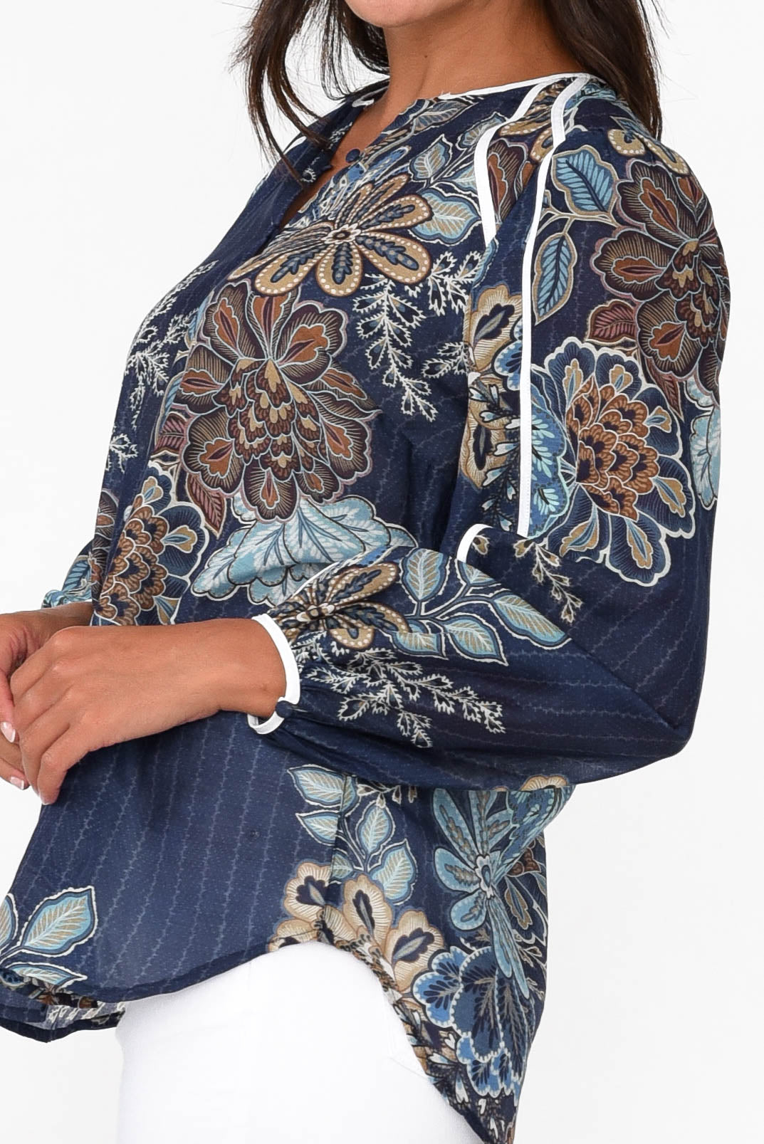 Gracia Navy Flower Cotton Silk Top