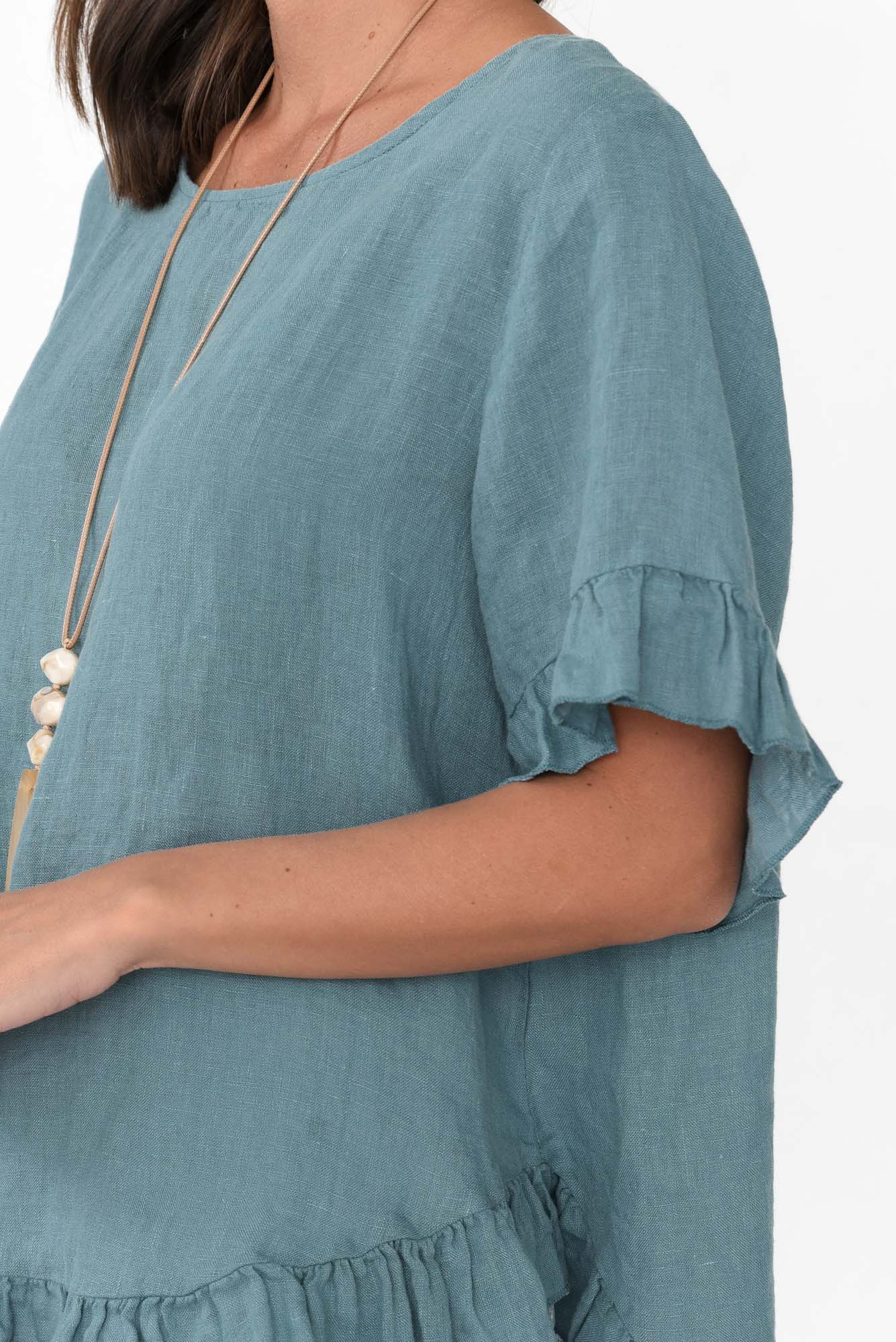 Genevieve Blue Linen Frill Top