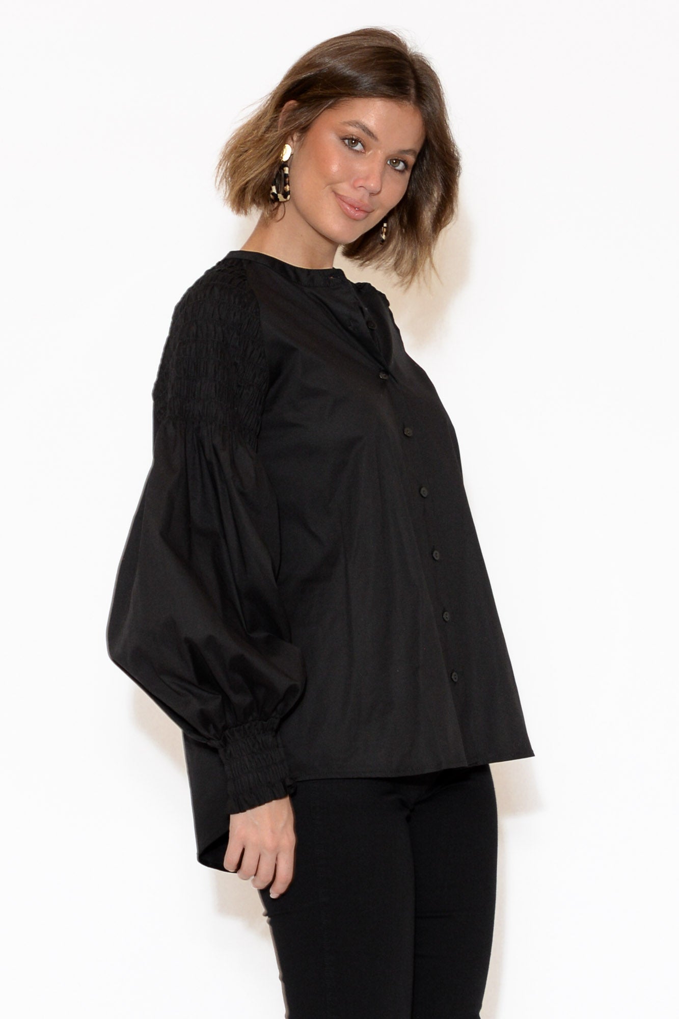 Arlo Black Shirred Cotton Shirt