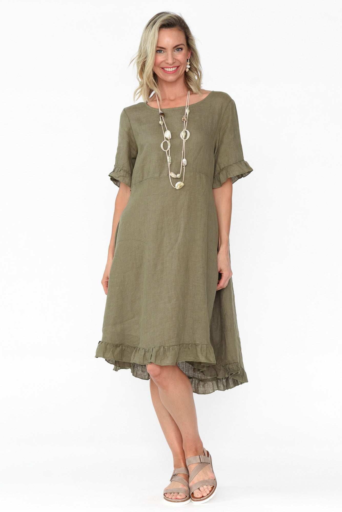 Elodie Khaki Linen Frill Dress