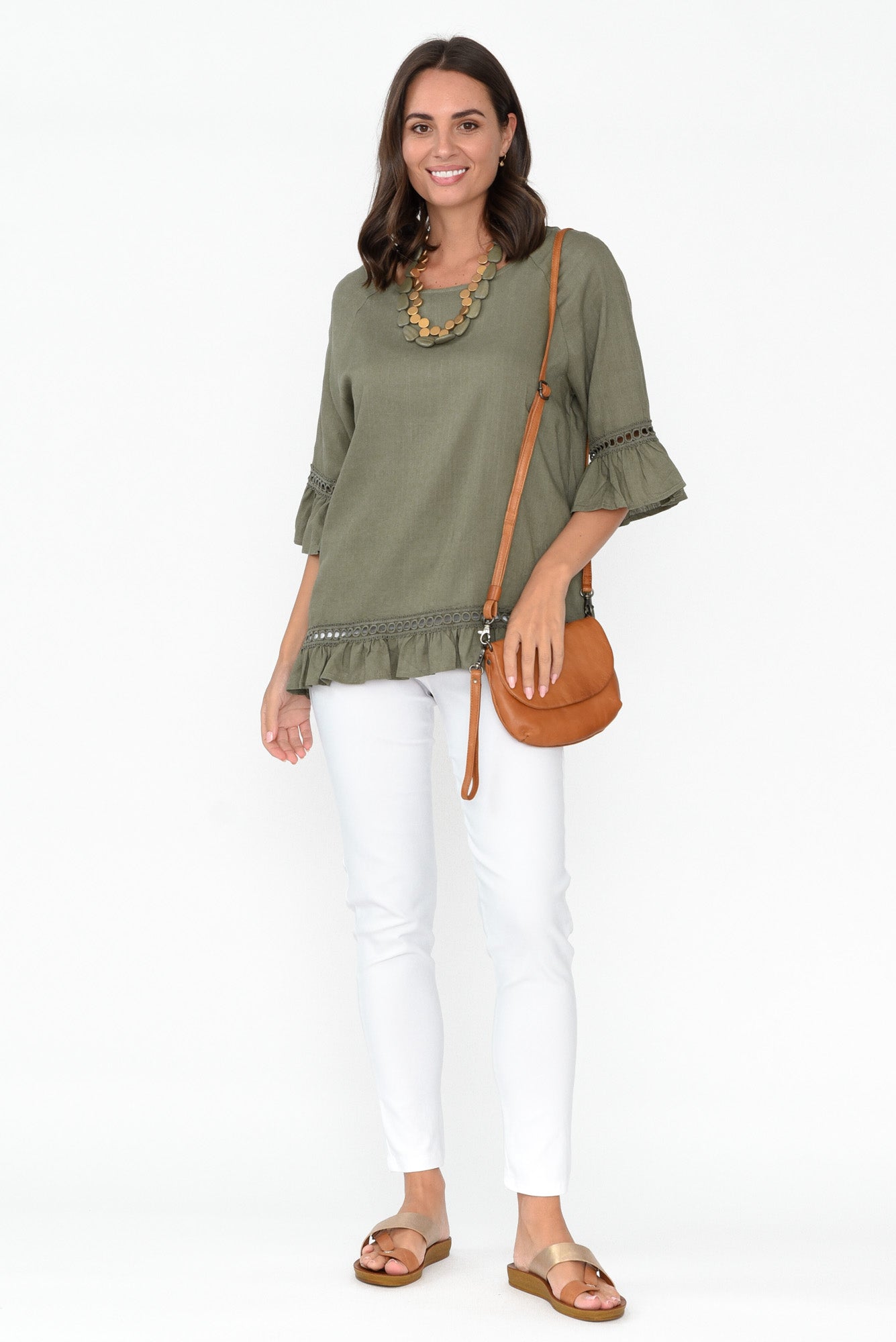 Tinker Khaki Linen Cotton Ruffle Top