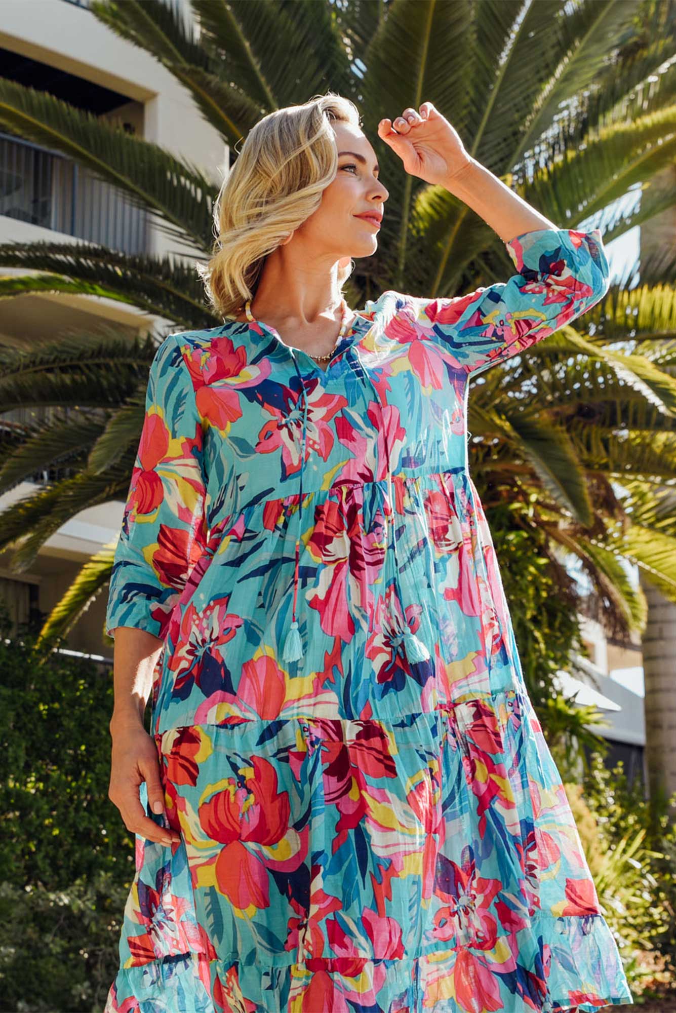 Layla Blue Bloom Crinkle Cotton Dress