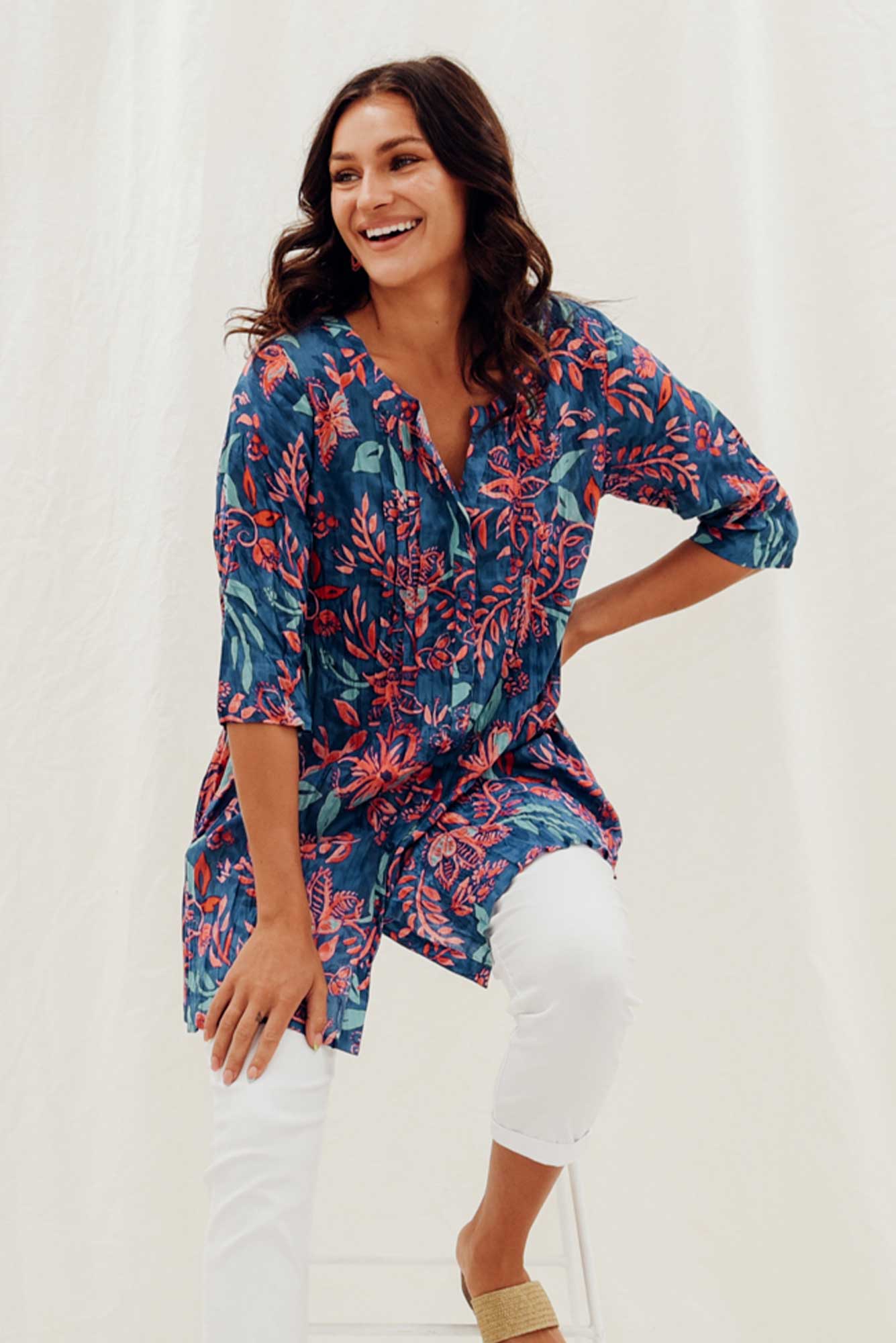 Indra Blue Garden Cotton Tunic Top