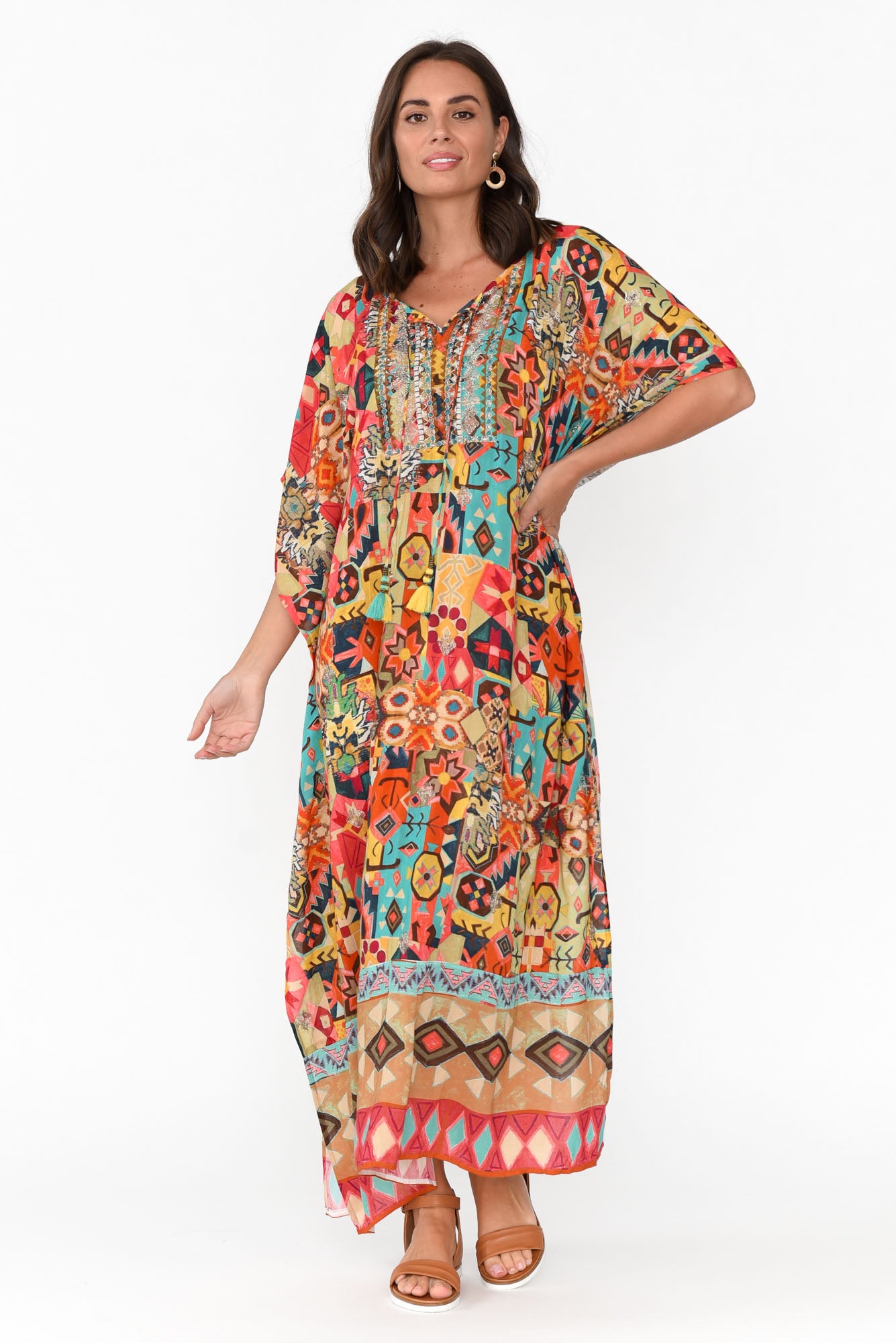 Caroline Orange Abstract Tassel Kaftan