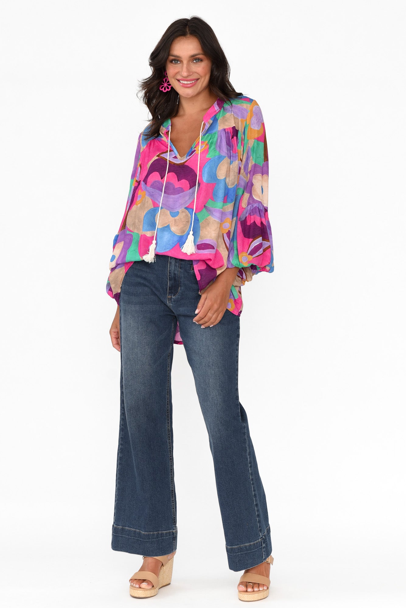 Althea Pink Abstract V Neck Top