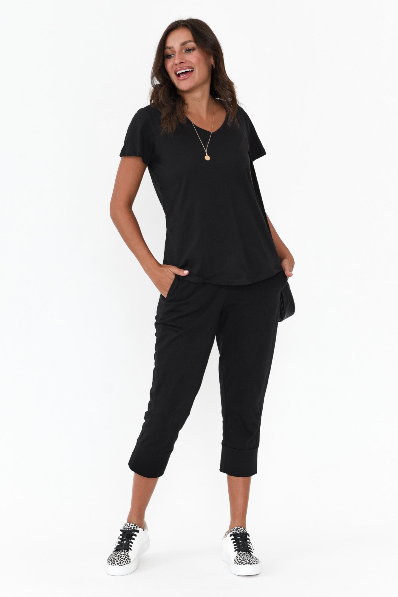 Ava Black Cotton V Neck Tee