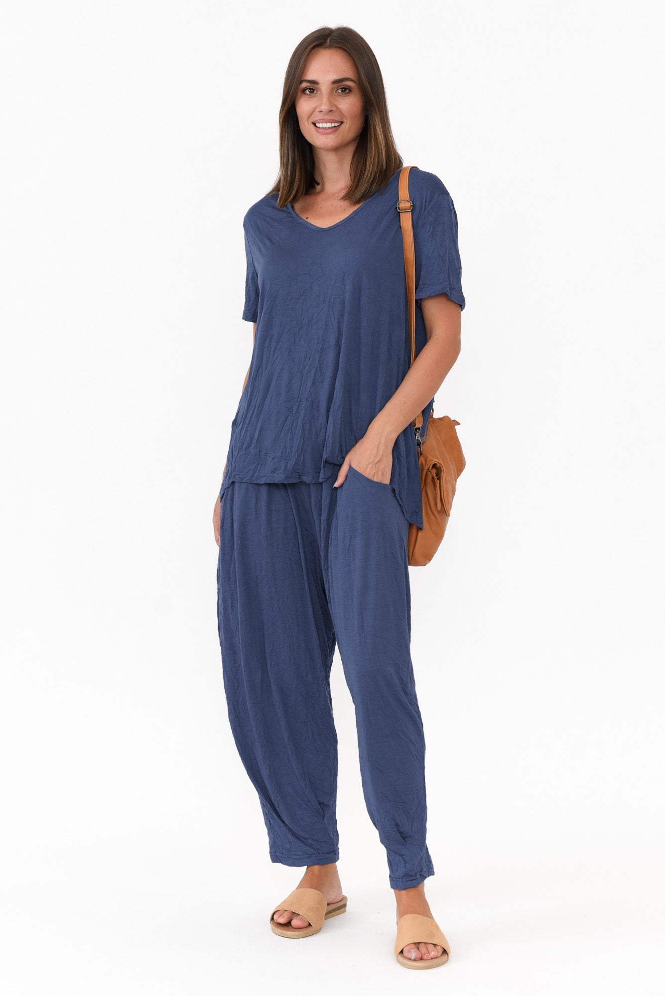 Marley Navy Crinkle Cotton Short Sleeve Top
