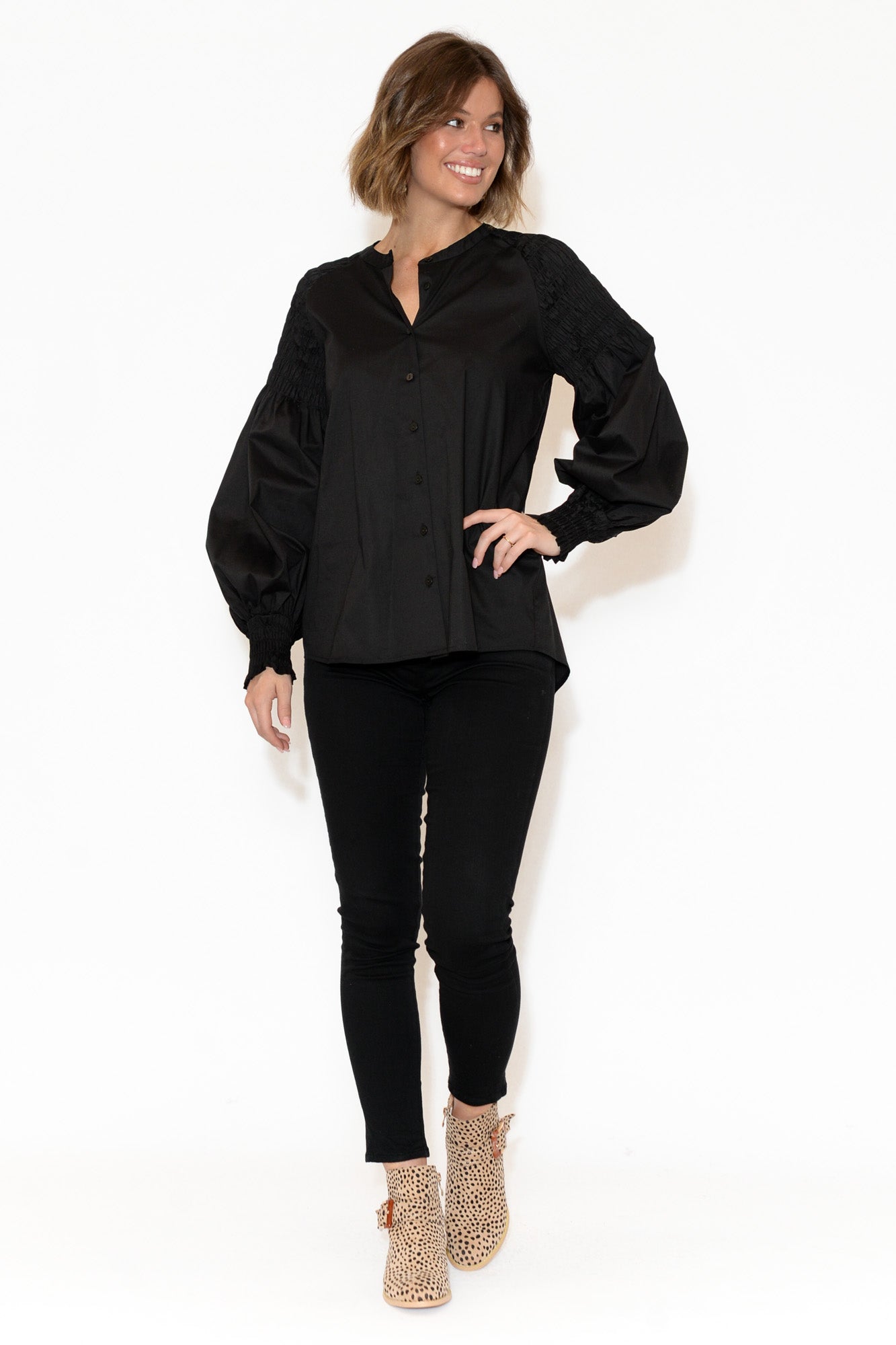 Arlo Black Shirred Cotton Shirt