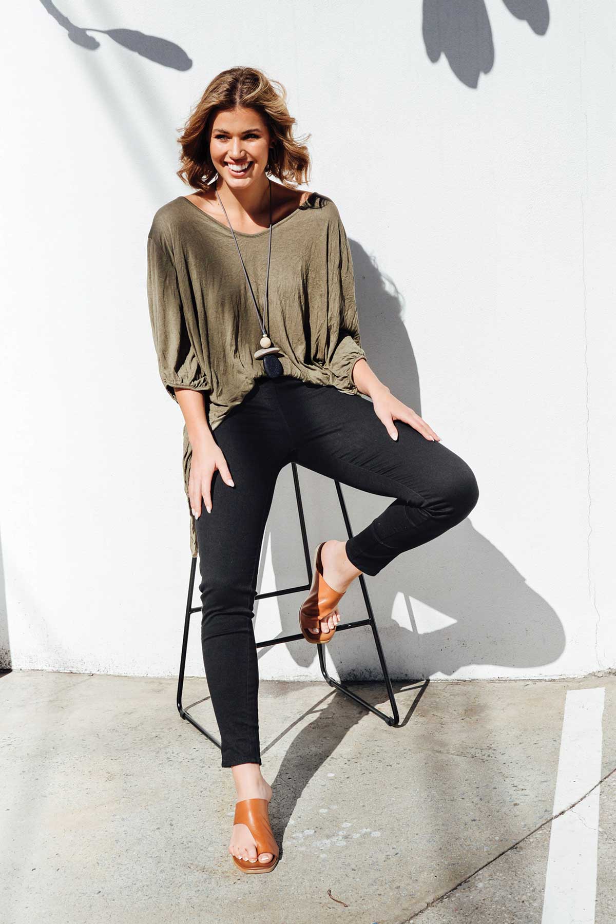 Agnes Khaki Crinkle Cotton Hi Lo Top
