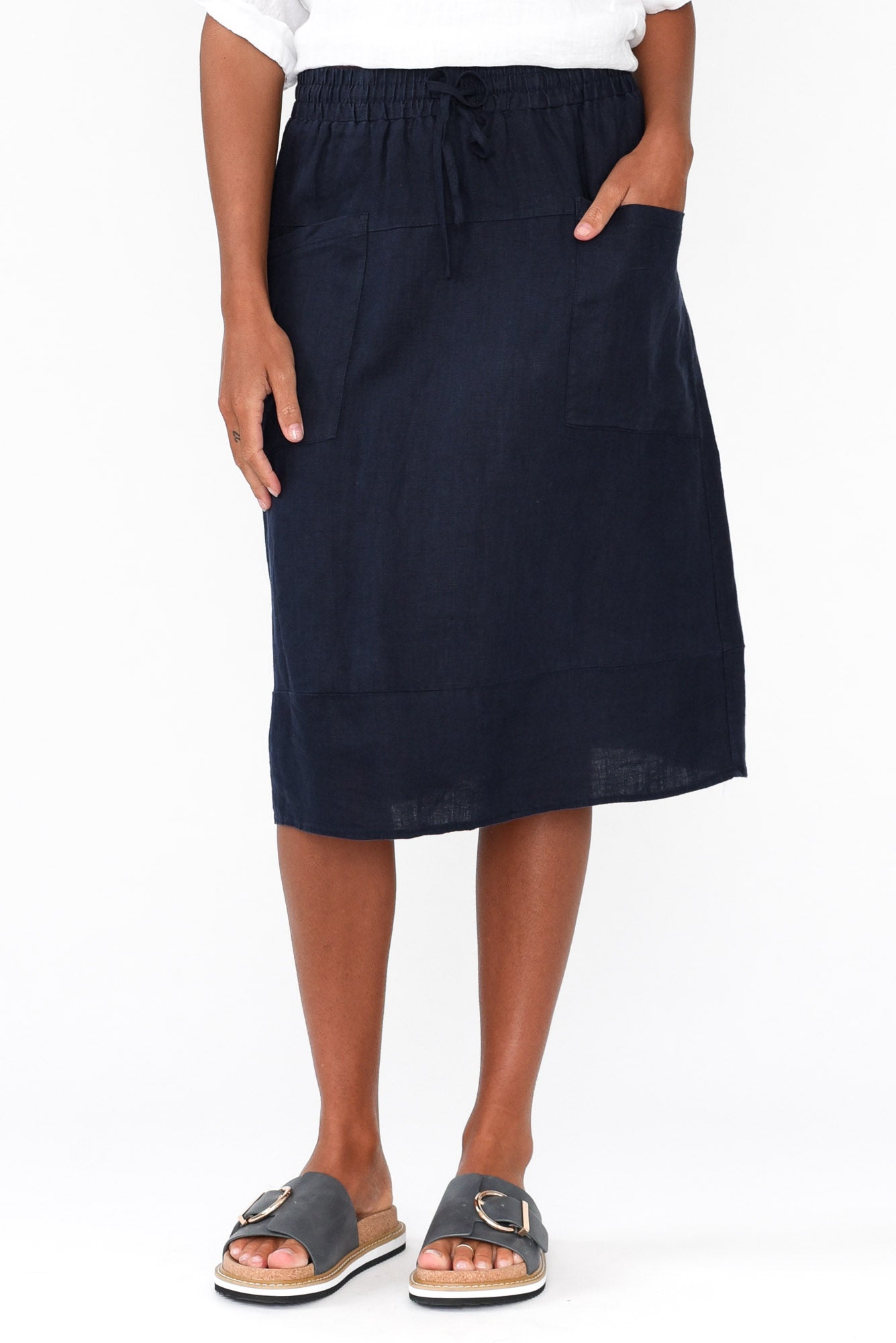 Claire Navy Linen Pocket Midi Skirt